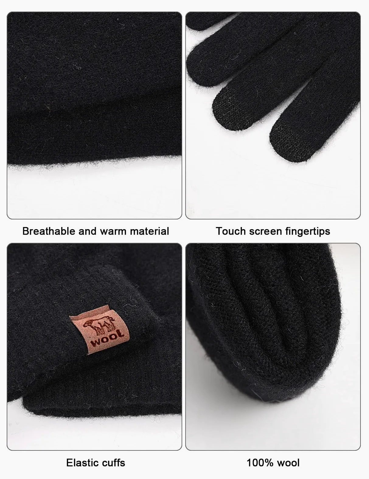 Voqeen Guante de Lana 100% Guantes Invierno Cálidos con Pantalla Táctil para Hombres Mujeres para Ciclismo Correr Escalar Senderismo Deportes Al Aire Libre