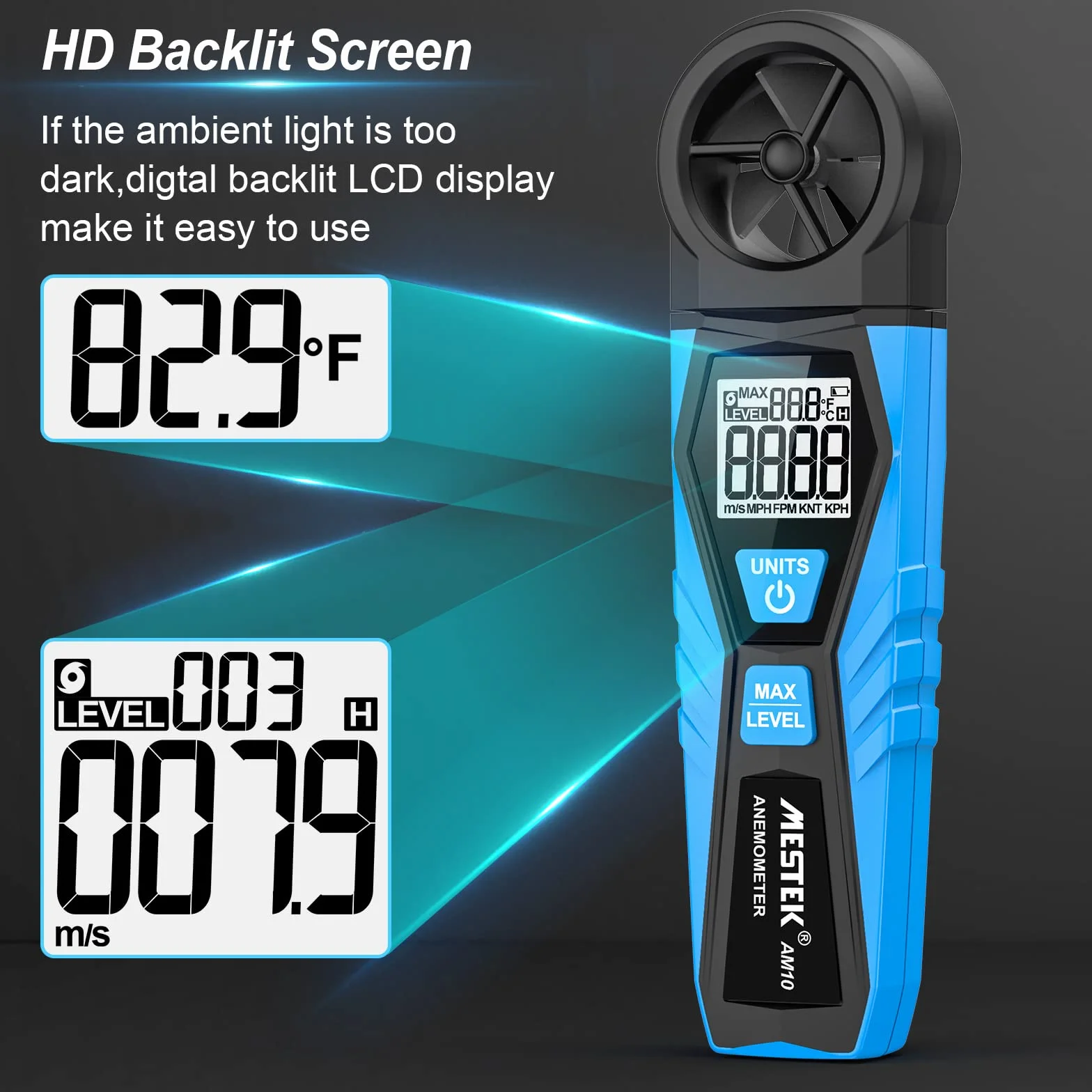MESTEK Anemómetro Digital Portátil Medidor de Velocidad del Viento con Pantalla LCD Retroiluminación