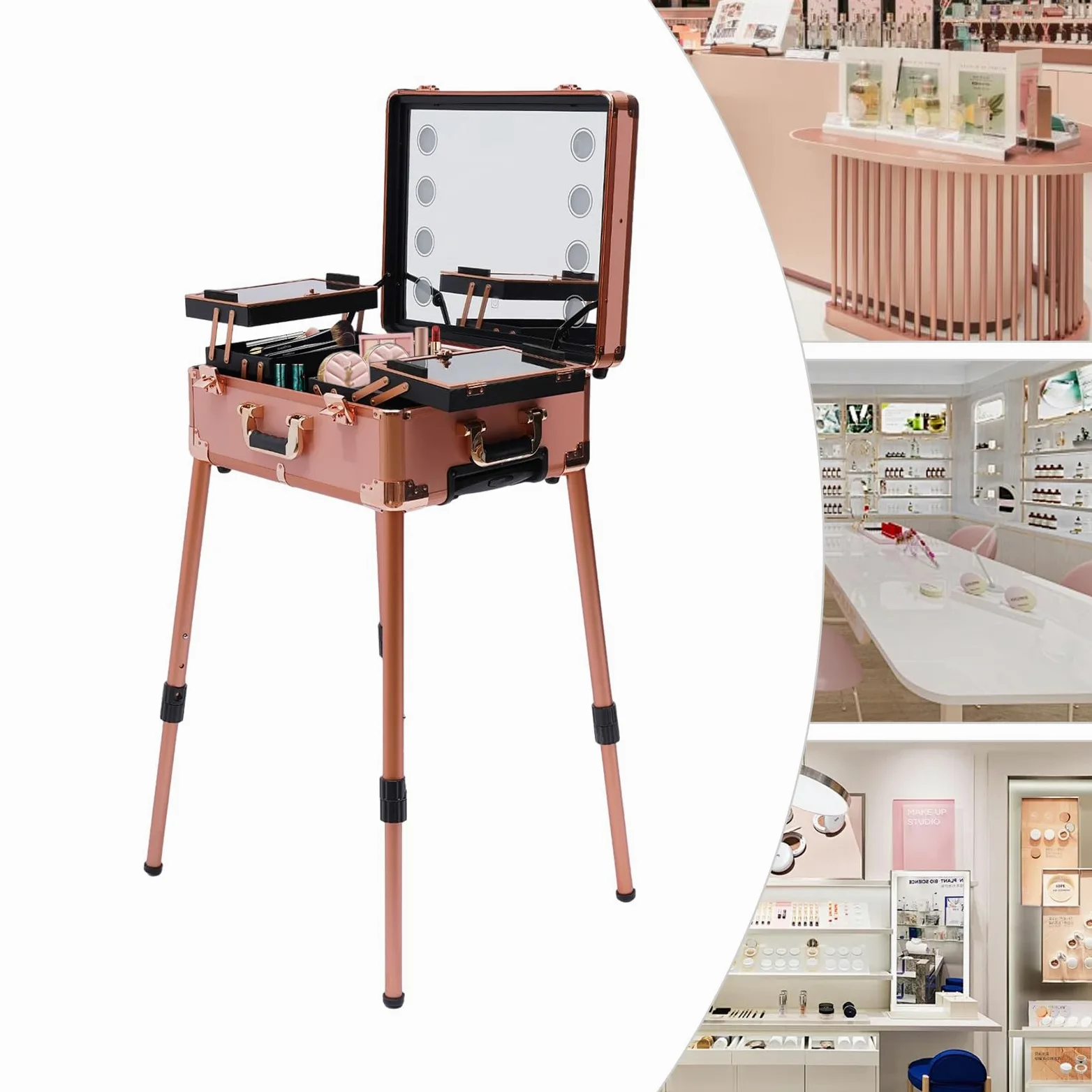 Maletín de maquillaje con ruedas, con espejo, 4 ruedas, estación de maquillaje, neceser de peluquería, organizador de maquillaje, carrito de maquillaje