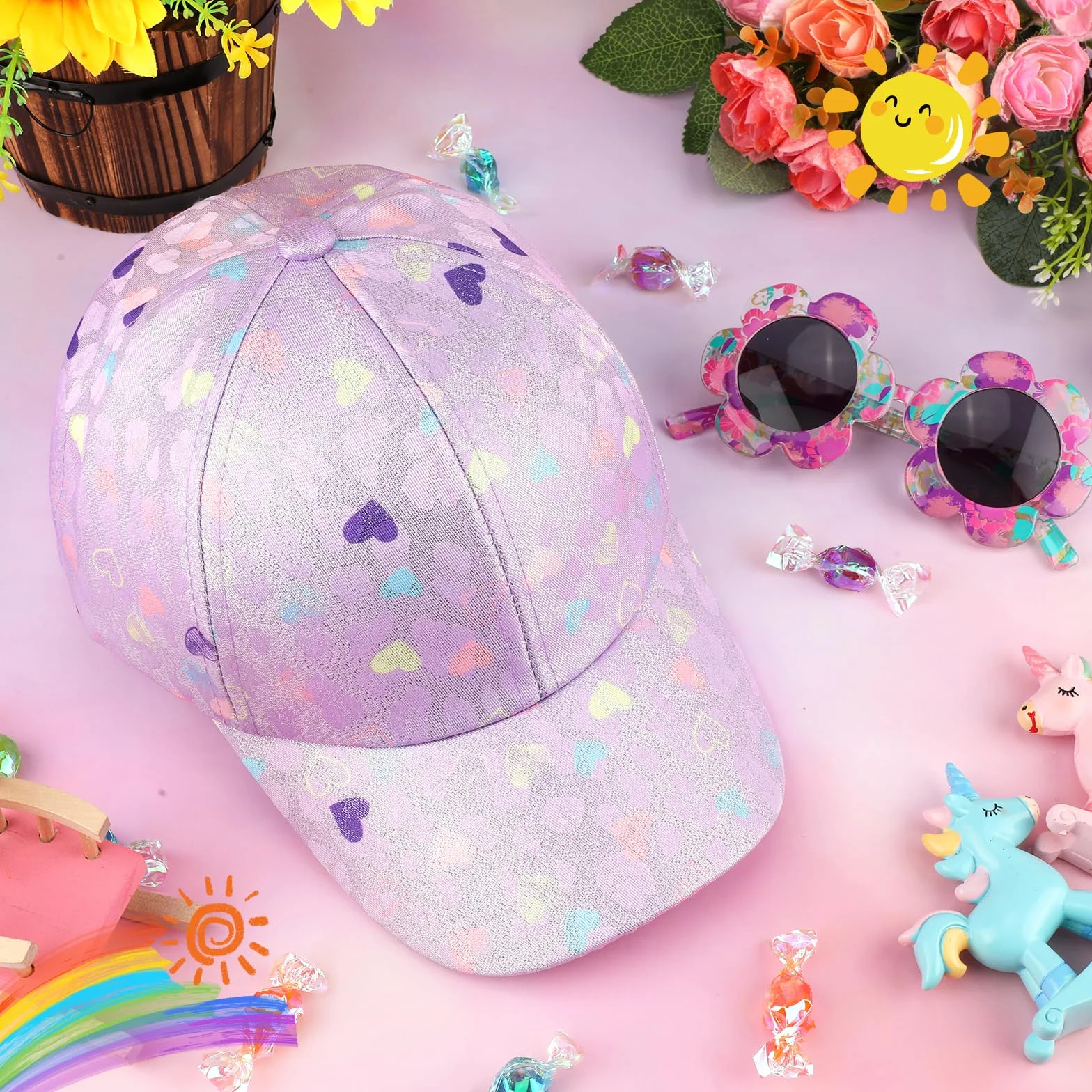 Gorra de Béisbol para Niñas, Gafas de Sol de Flor Linda Gorra Béisbol Ajustables Transpirable Gorra de Verano para Deporte Vacaciones Playa
