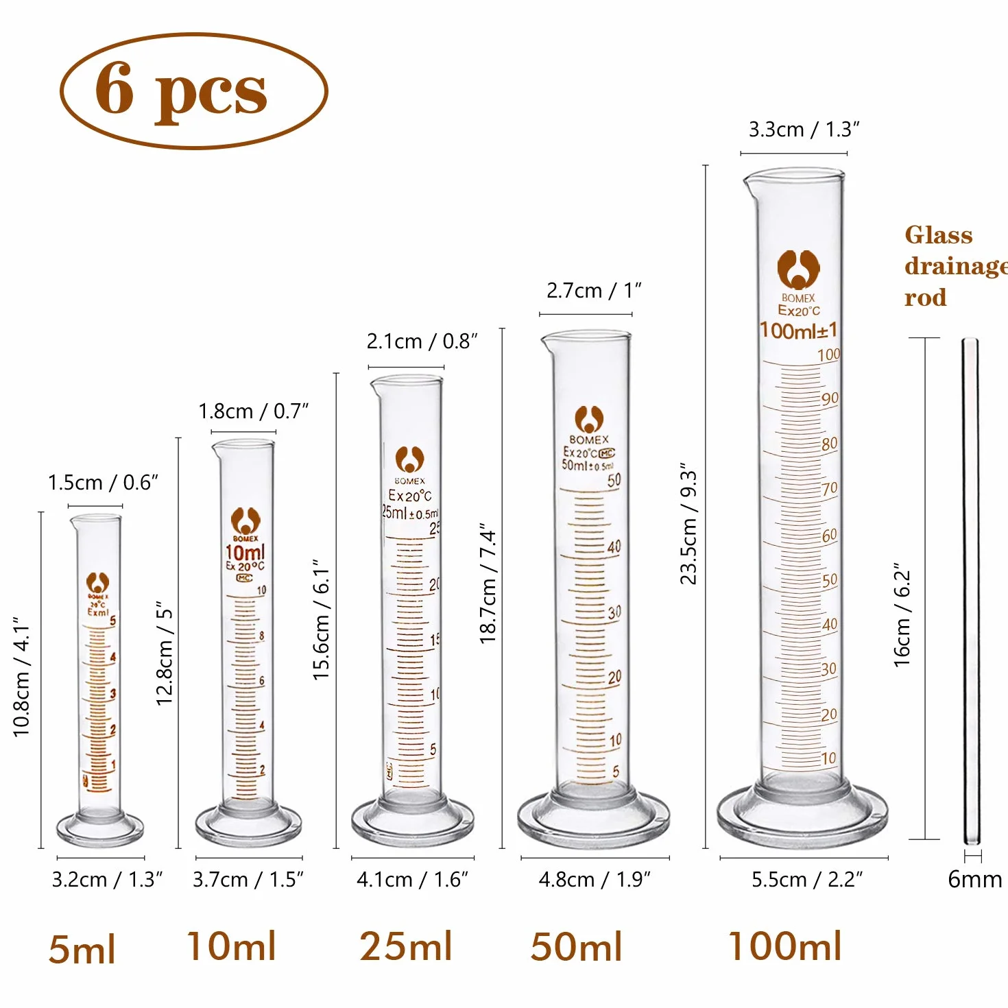 Set de Experimentación de 5 Piezas con Probeta de Medición de Líquido 5ml 10ml 25ml 50ml 100ml, Varilla de Cristal