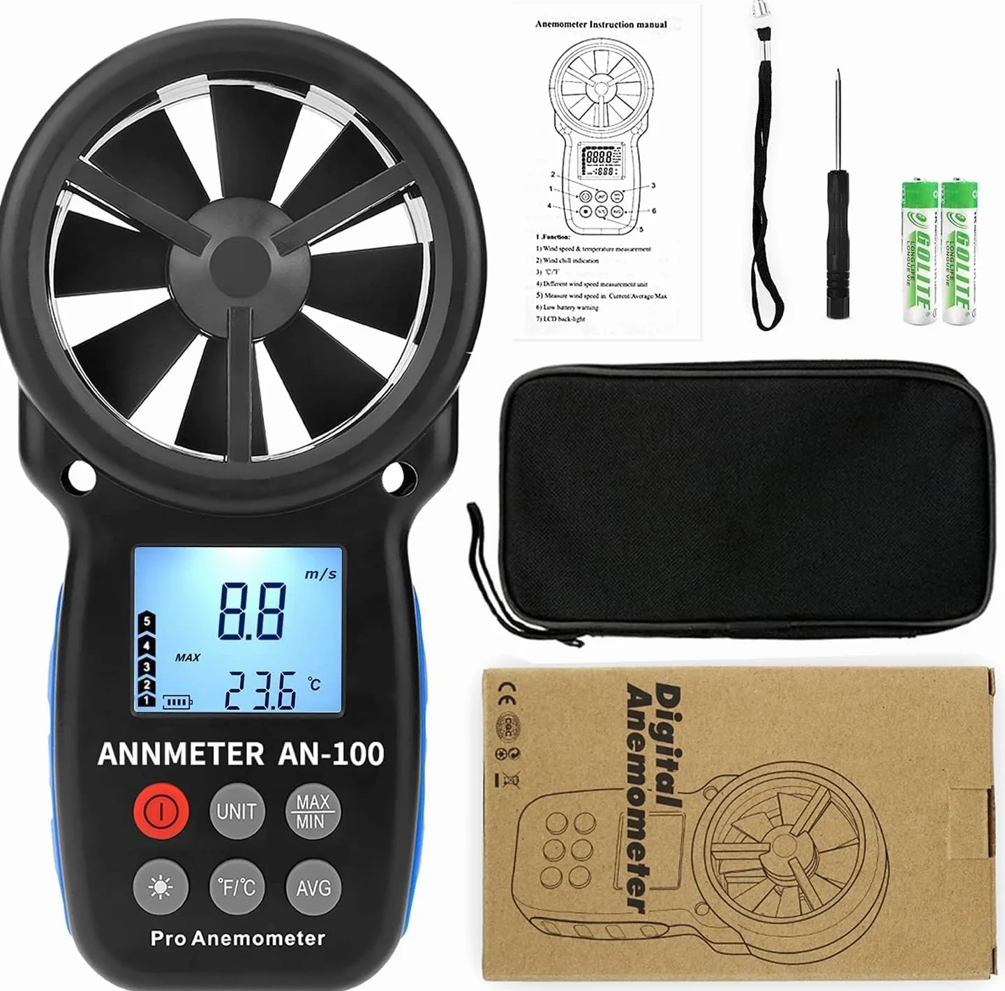 Anemómetro Digital AIOMEST AI-100 Medidor Velocidad Viento Portátil con Temperatura