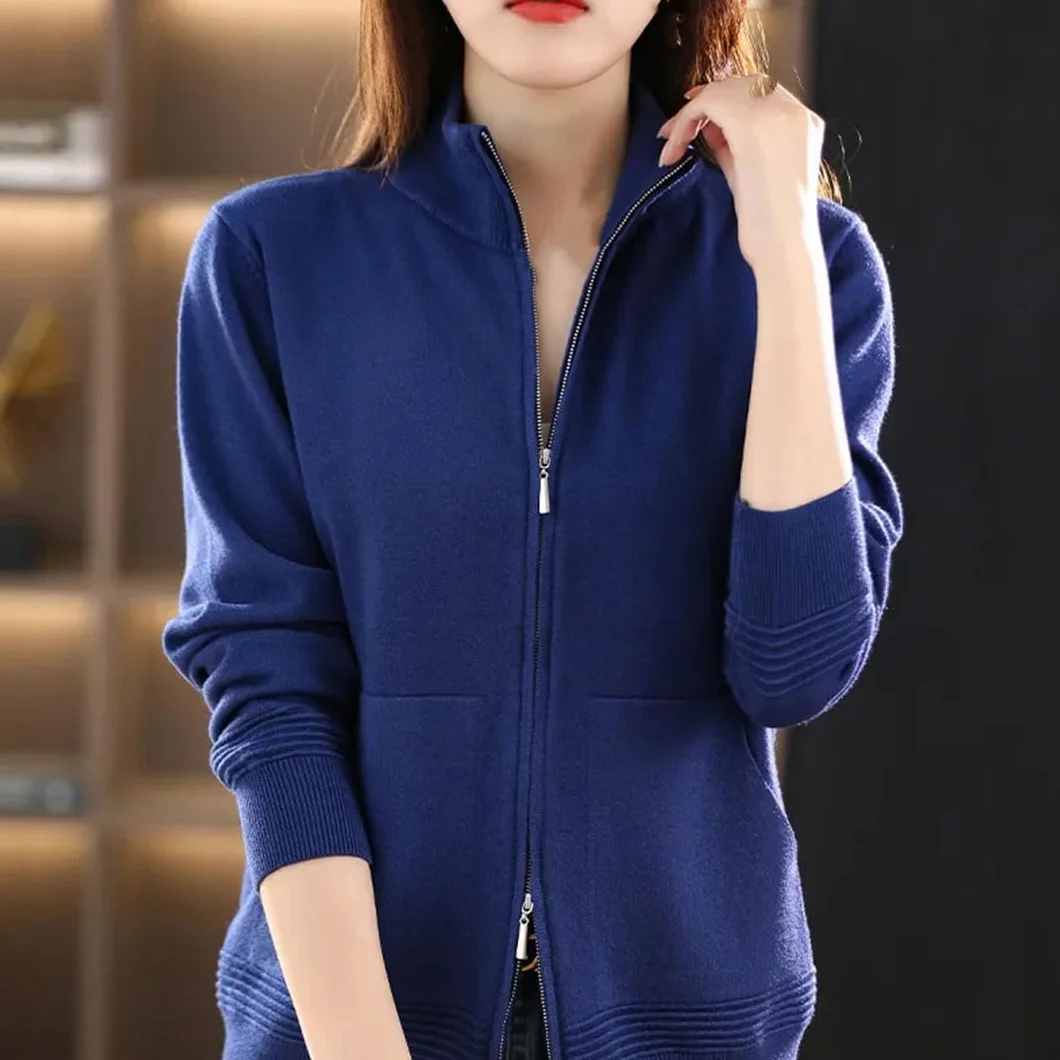 Alloaone Suéter De Lana para Mujer Cárdigan con Doble Cremallera Tops De Punto Casuales
