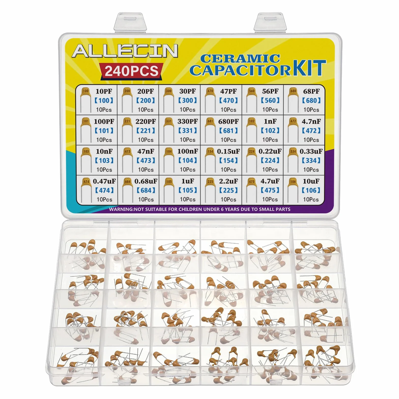 Kit Surtido 24 Valores Condensador Cerámico Monolítico 10 pF a 10 uF Multicapa
