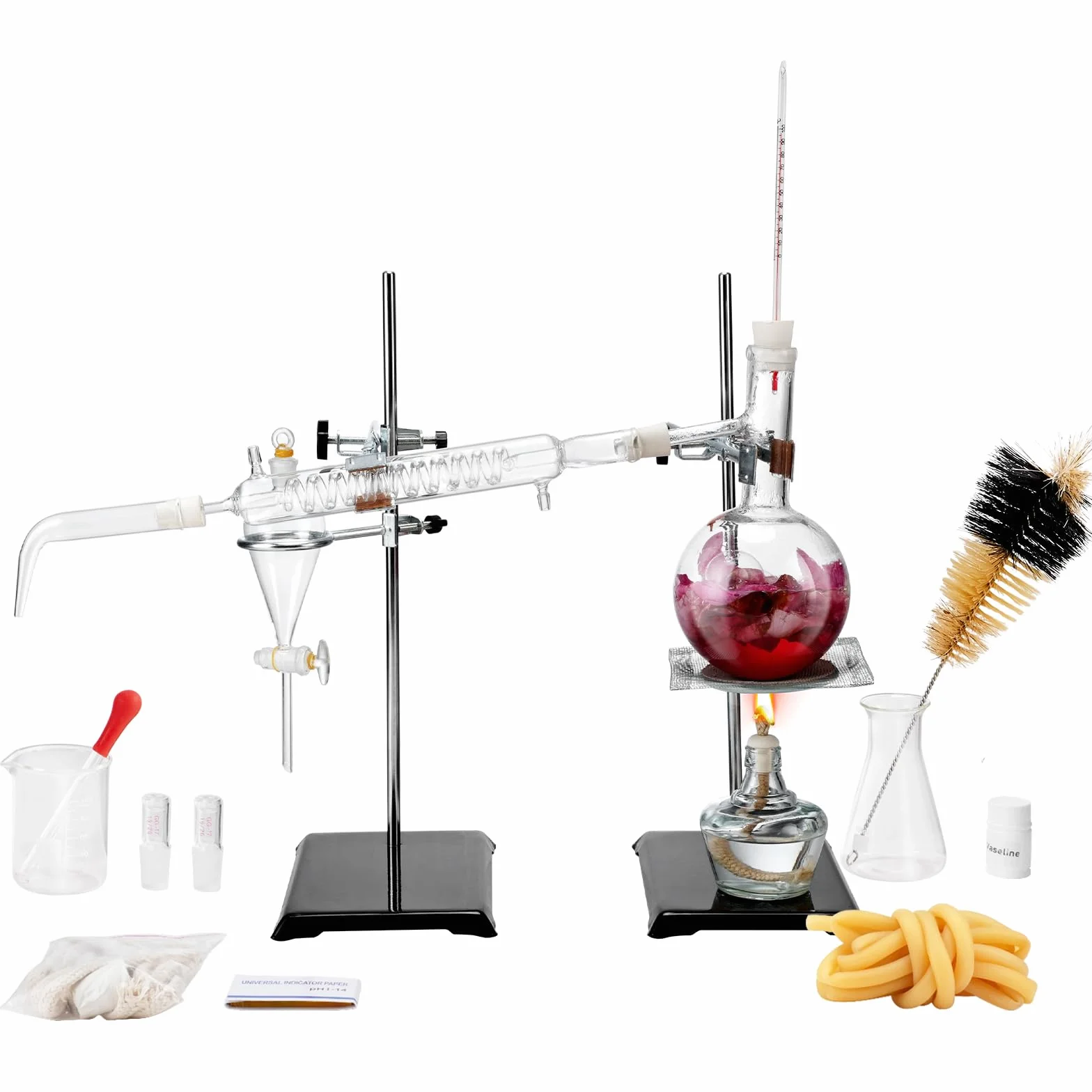 VEVOR Kit de destilación de aceites esenciales 500 ml, destilación de vidrio de laboratorio 3.3 Boro con lámpara de alcohol, malla de cerámica, conexión 24/40, 28 piezas