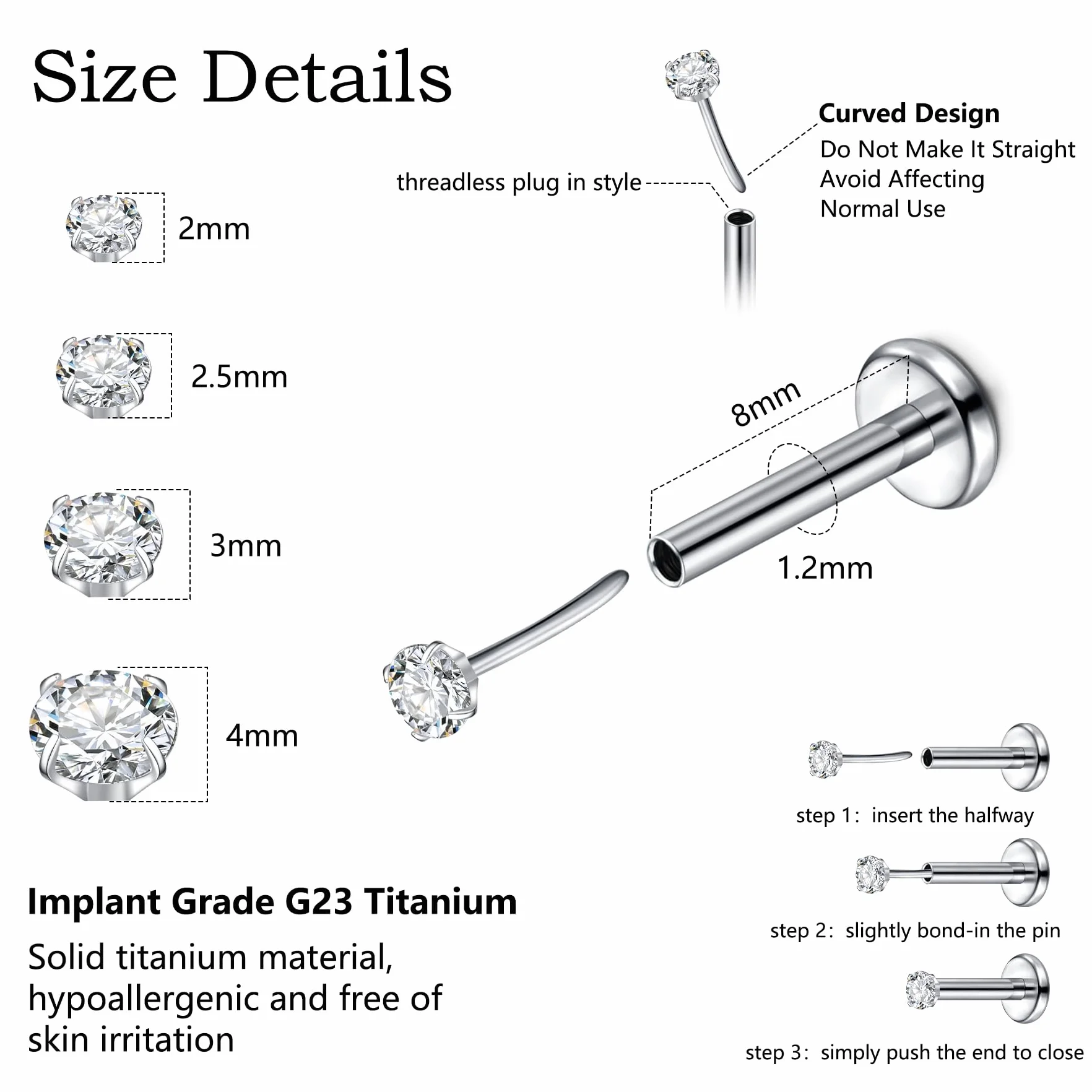 FECTAS Pendientes de titanio para nariz, 16G, 18G, 20G, hipoalergénicos, grado de implante 6, 7, 8, 10 mm, sin rosca, hélice, tragus, labio, labio, parte trasera plana, joyería