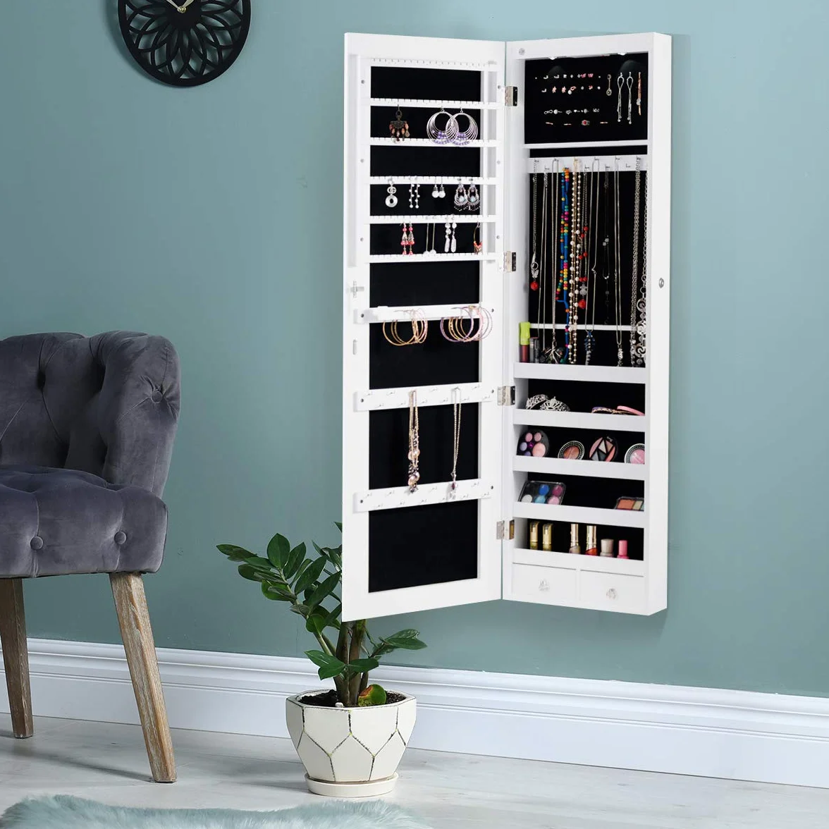 GIANTEX Armario Joyero con Luz LED, Armario de Joya con Espejo de Cuerpo Entero, Montado en la Puerta o en la Pared, Espejo Joyero con Cerradura, Organizador para Joyas, Pendientes, Collares (Blanco)