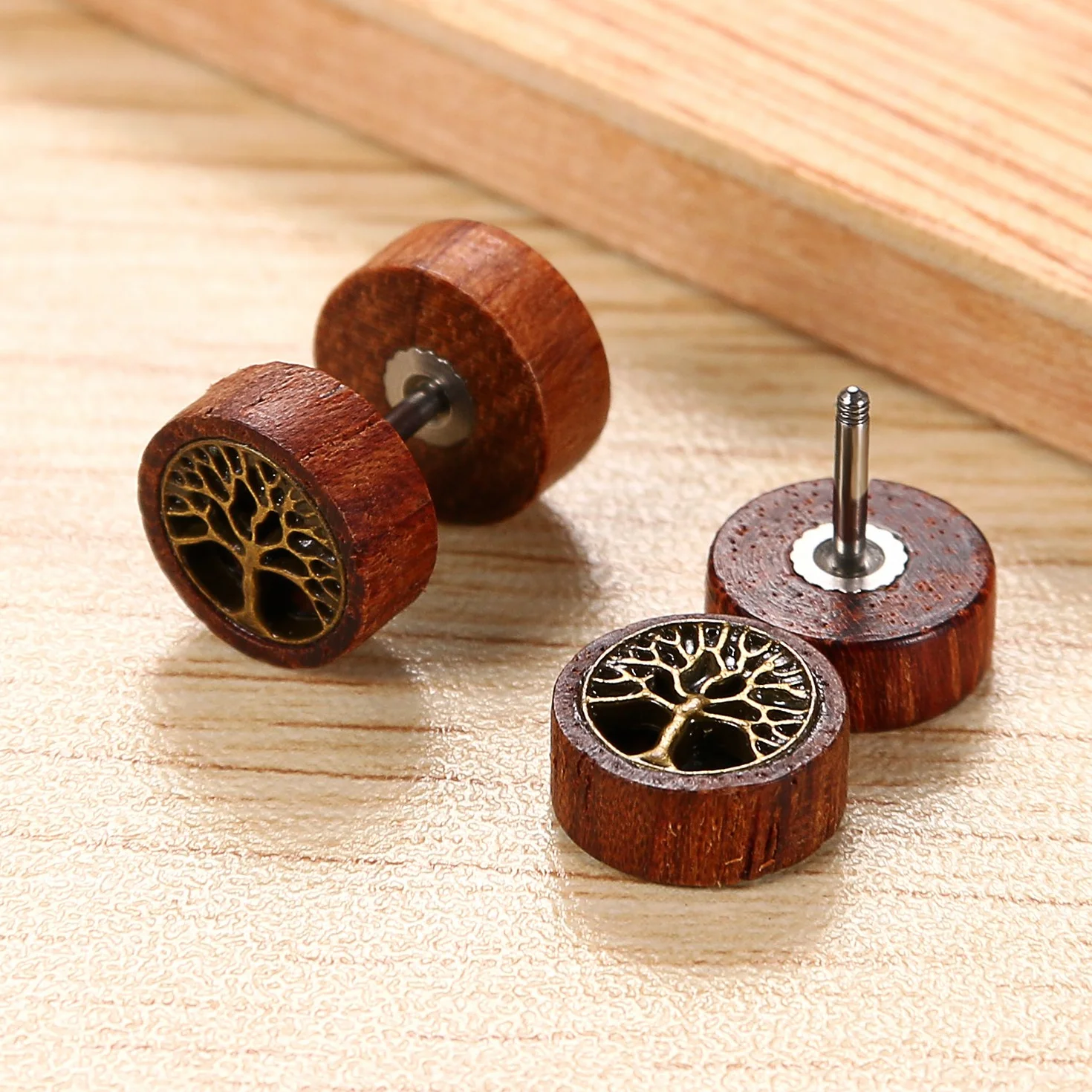 Flongo - Pendientes de acero inoxidable, madera, retro, árbol de la vida, león, cabeza de fantasía, pendientes de color marrón para hombre y mujer