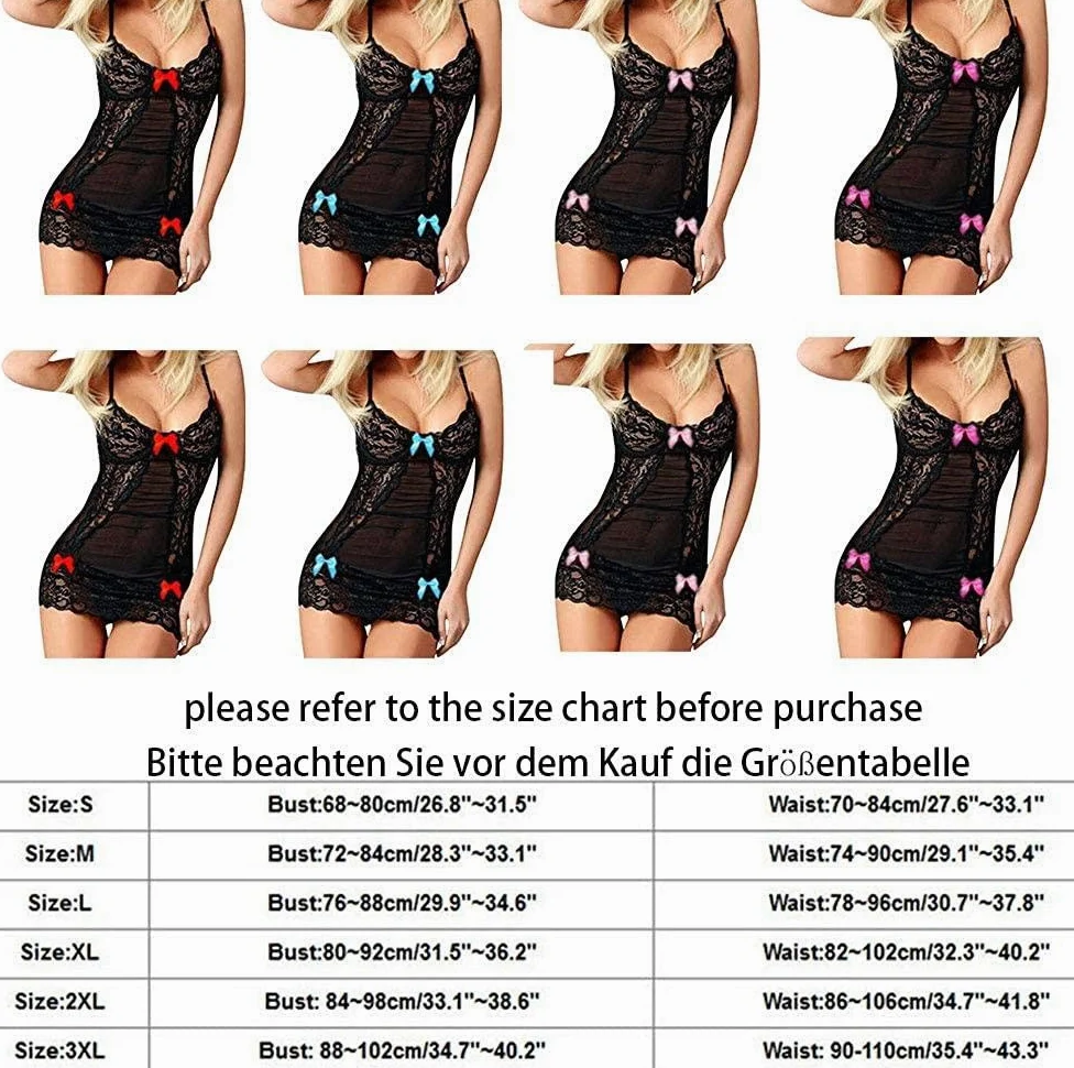 AKAZI Lencería Sexy para el día de San Valentín, lencería Sexy para Mujer, Ropa de Dormir de Malla de Encaje Negro con Nudo de Lazo, Ropa Interior de Babydoll Hueca, Mono (Rose Red L)
