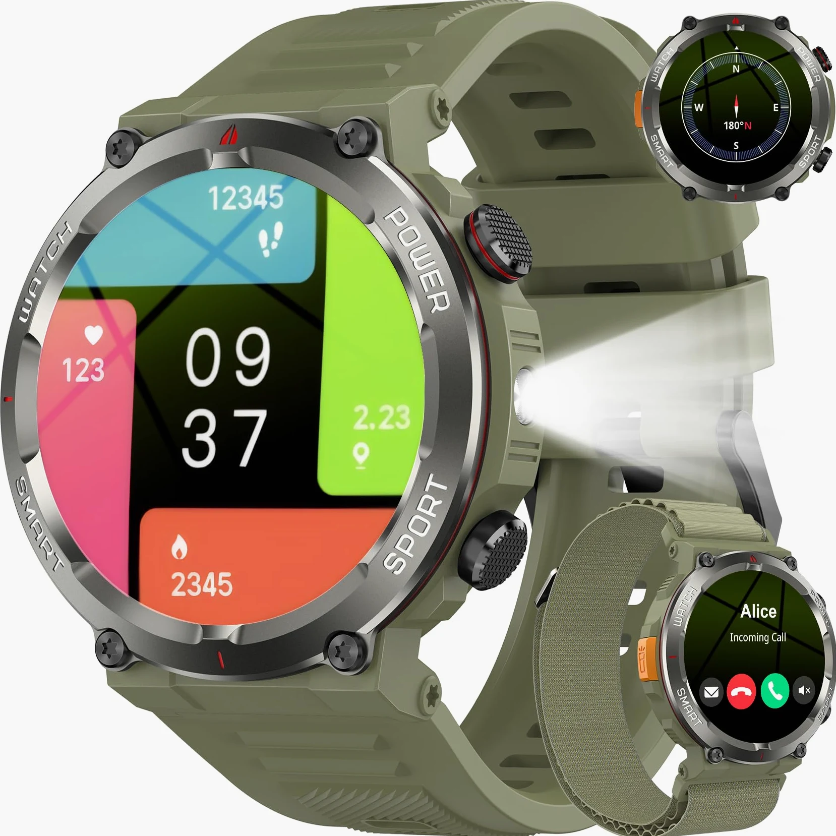 Reloj Inteligente Hombre, Smartwatch Hombre con Linterna y Brújula, 1.45" Smartwatch con Llamadas Bluetooth Monitor Sueño, 2 Correas,Pulsera Actividad Impermeable IP68