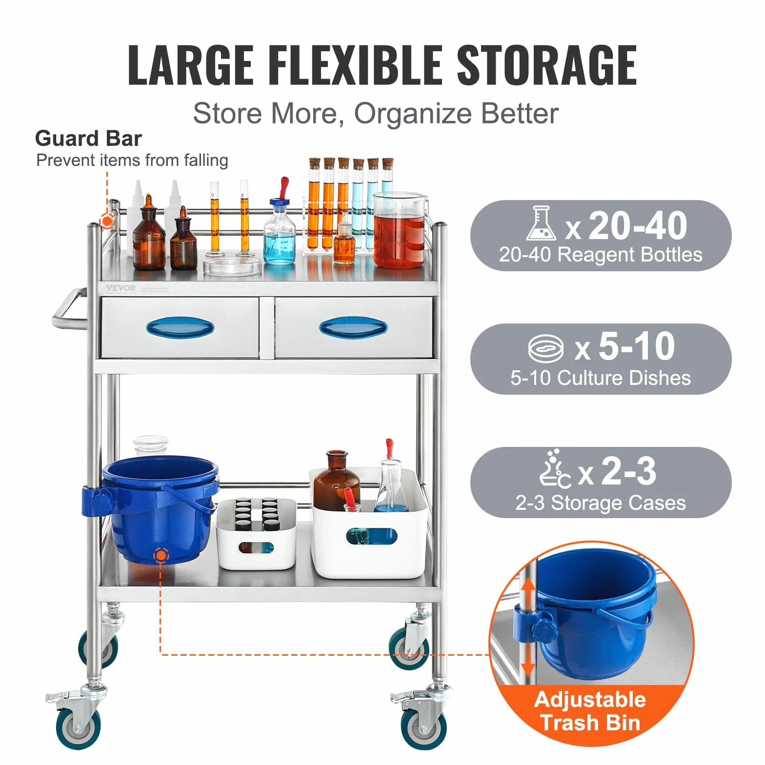 VEVOR Carrito de Médico 2 Capas 2 Cajones 59,9 x 42,9 x 85,1 cm Acero Inoxidable 4 Ruedas Omnidireccional