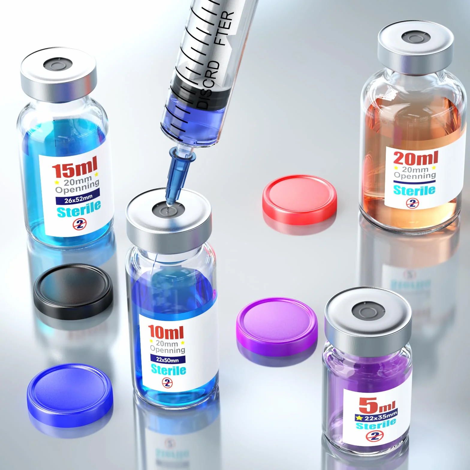 Frascos de vidrio estériles 10 ml con puerto de inyección autorreparable y tapa abatible, 10 unidades