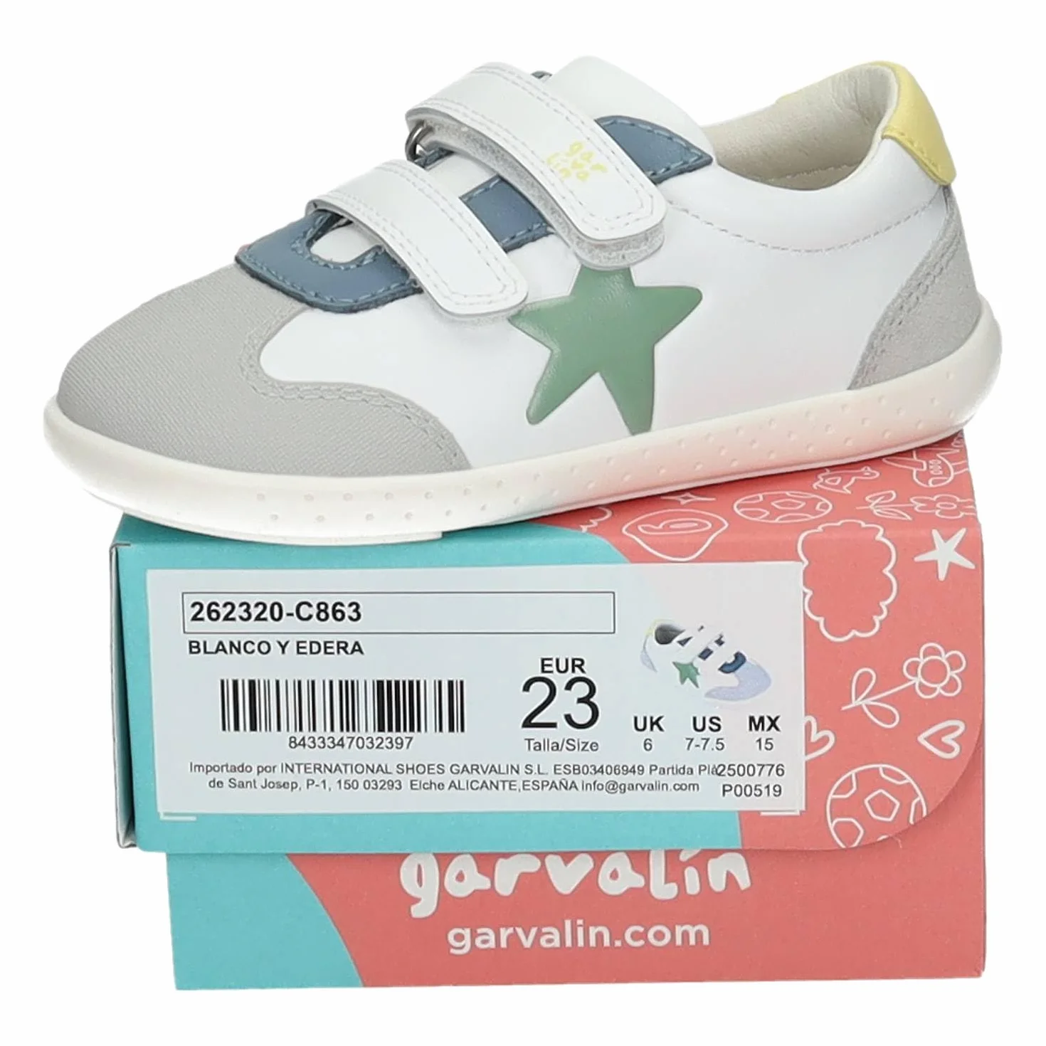 GARVALÍN 262320-C863 Calzado Respetuoso Barefoot Infantil con Doble Cinta Textil Adhesiva, Puntera Ancha y Suela Flexible Blanca Azul Gris NIÑO Deportivos
