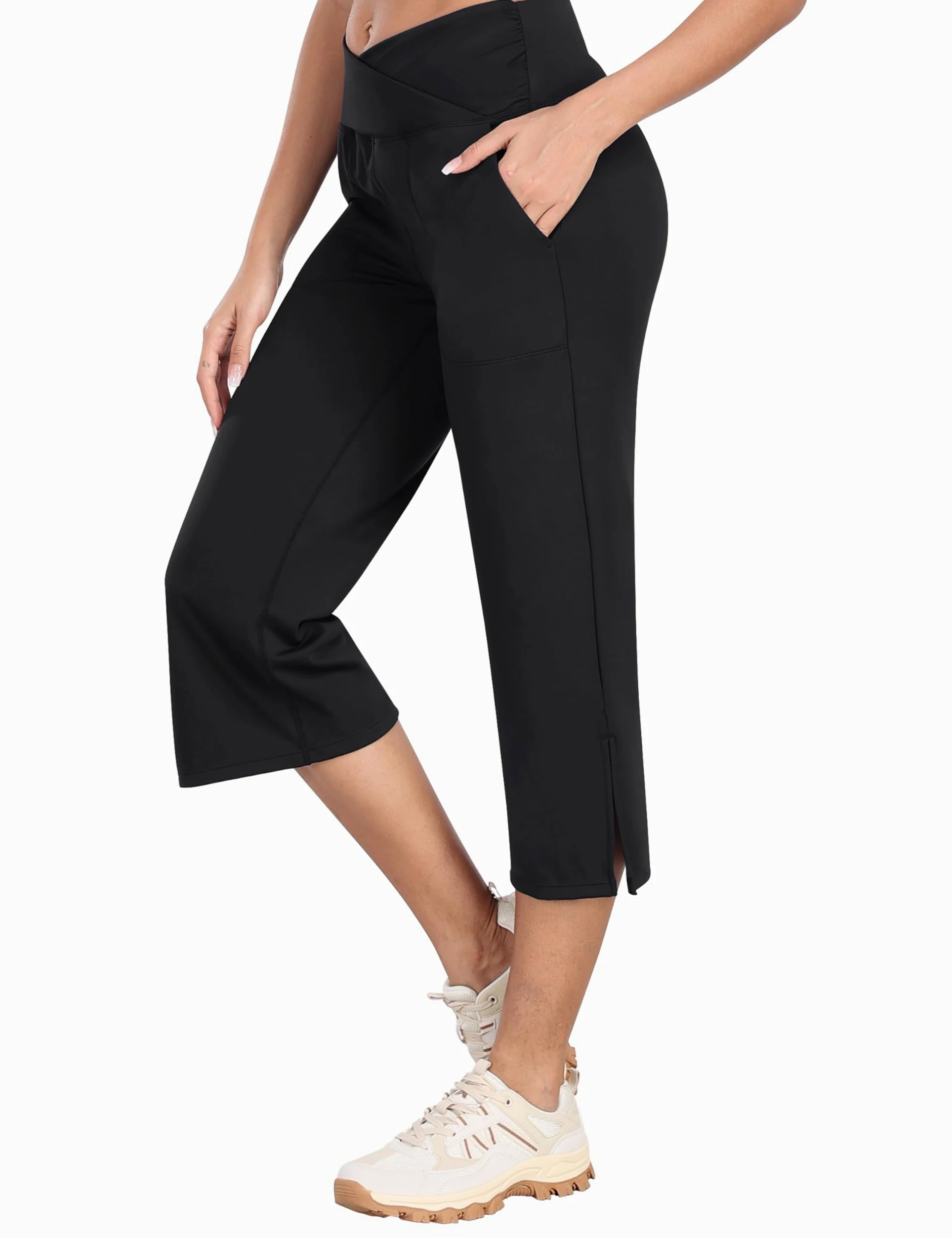 MoFiz Pantalón 3/4 Mujer Cintura Cruzada Slim Fit Stretch Leggings Pantalón de Deporte Yoga con Bolsillos