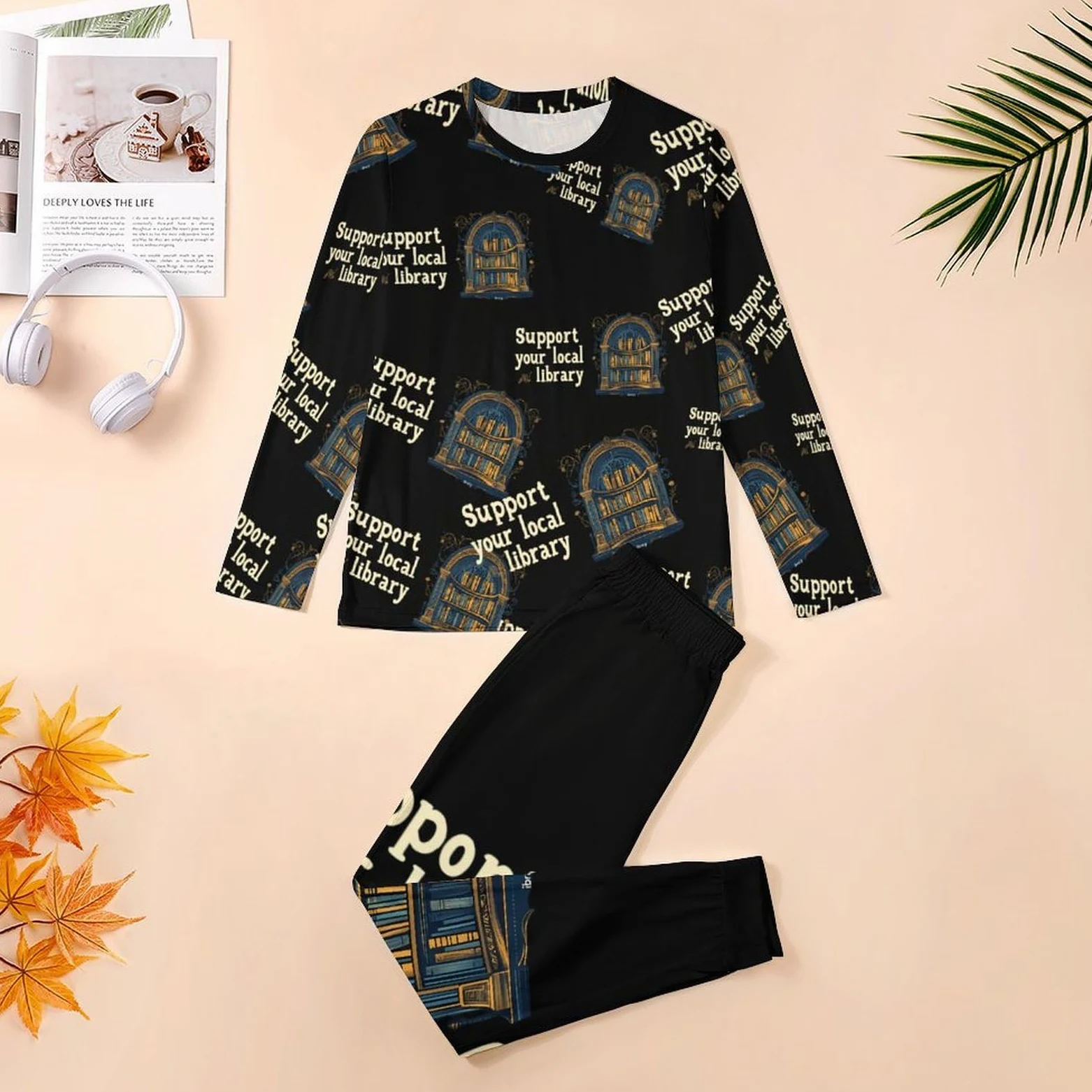 Support Your Local Library - Conjunto de pijama para hombre, cuello redondo, ropa de descanso larga, 2 piezas