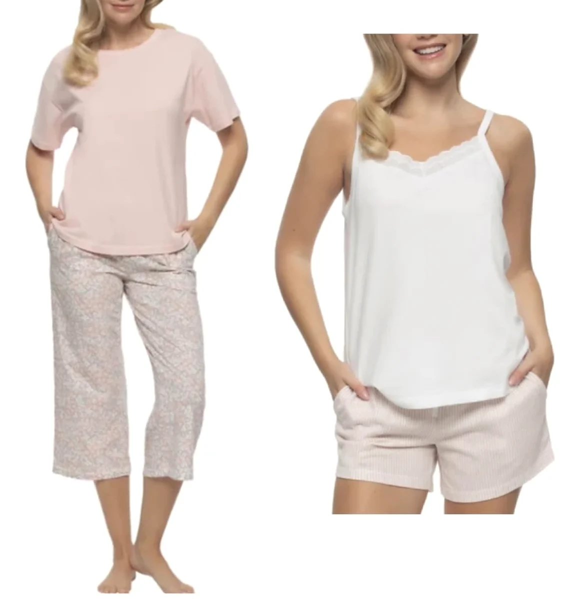 Felina Conjunto de pijama de 4 piezas 100% algodón para mujer, camiseta, camiseta sin mangas, pantalón corto y pantalón capri
