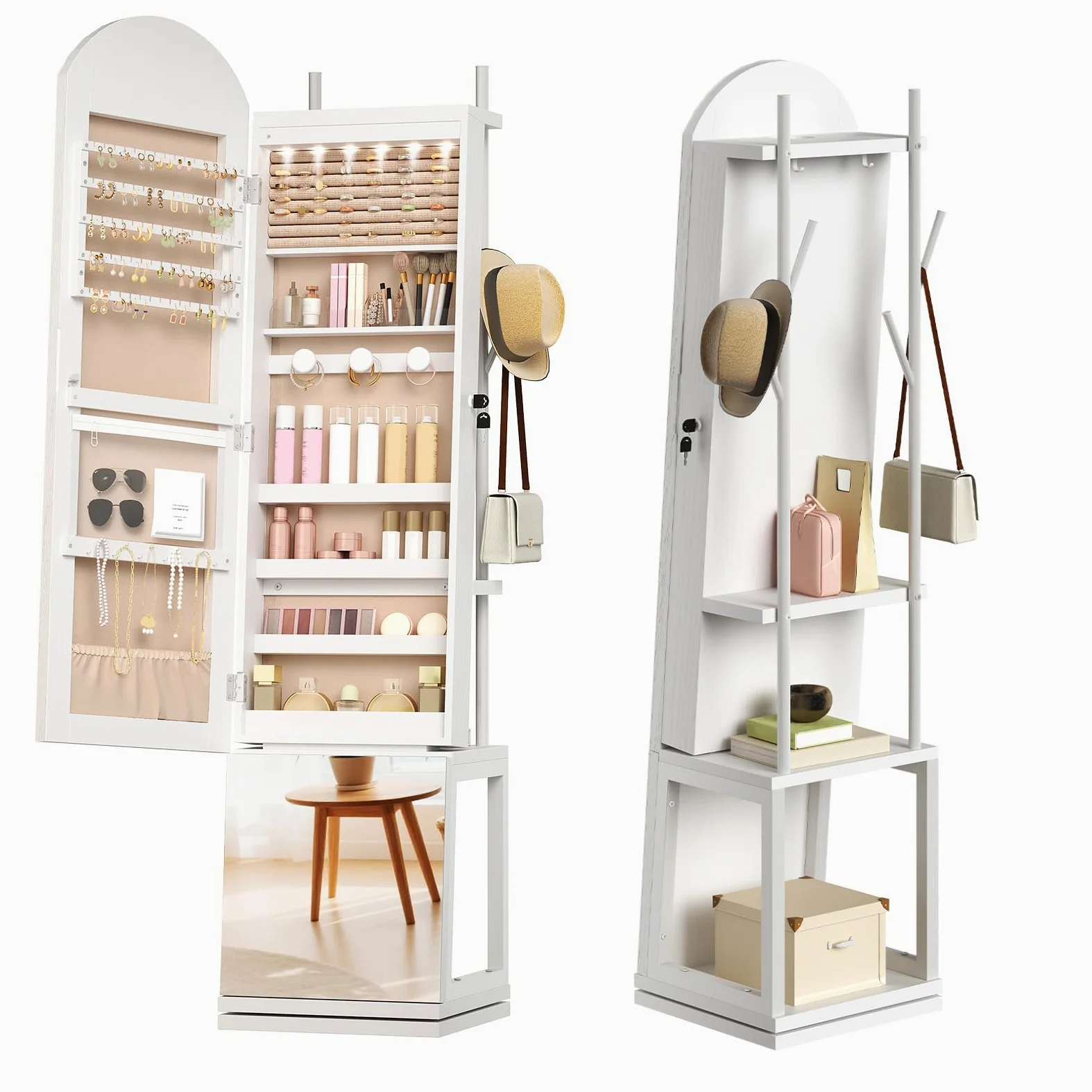 HOOBRO Armario para Joyas, Espejo Joyero de Pie, Base Giratoria y Cerradura, con Luz LED y Zona Abierta, con Ganchos para Ropa y Sombreros, Pendientes, Anillos, Collares y Cosméticos, Blanco EWT09JC04