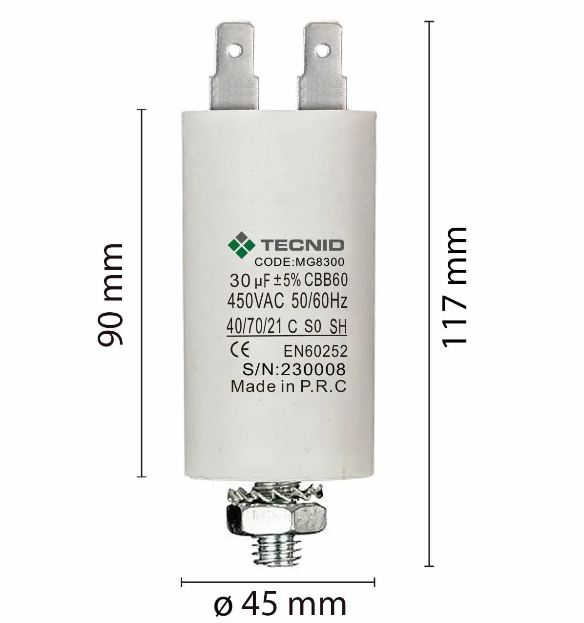 Condensador de arranque 450V 30µF 4 pines M8 para motores eléctricos