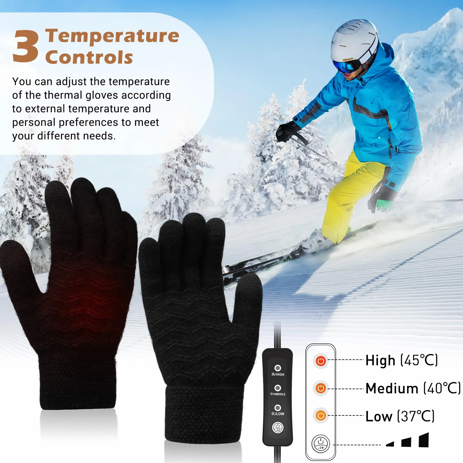 Coikes Guantes Calefactables USB para Hombres y Mujeres Guantes para Pantallas Táctiles Invierno 3 Temperatura Guantes Trabajo Frio Lavable Guantes Invierno para Esquí Senderismo Regalo