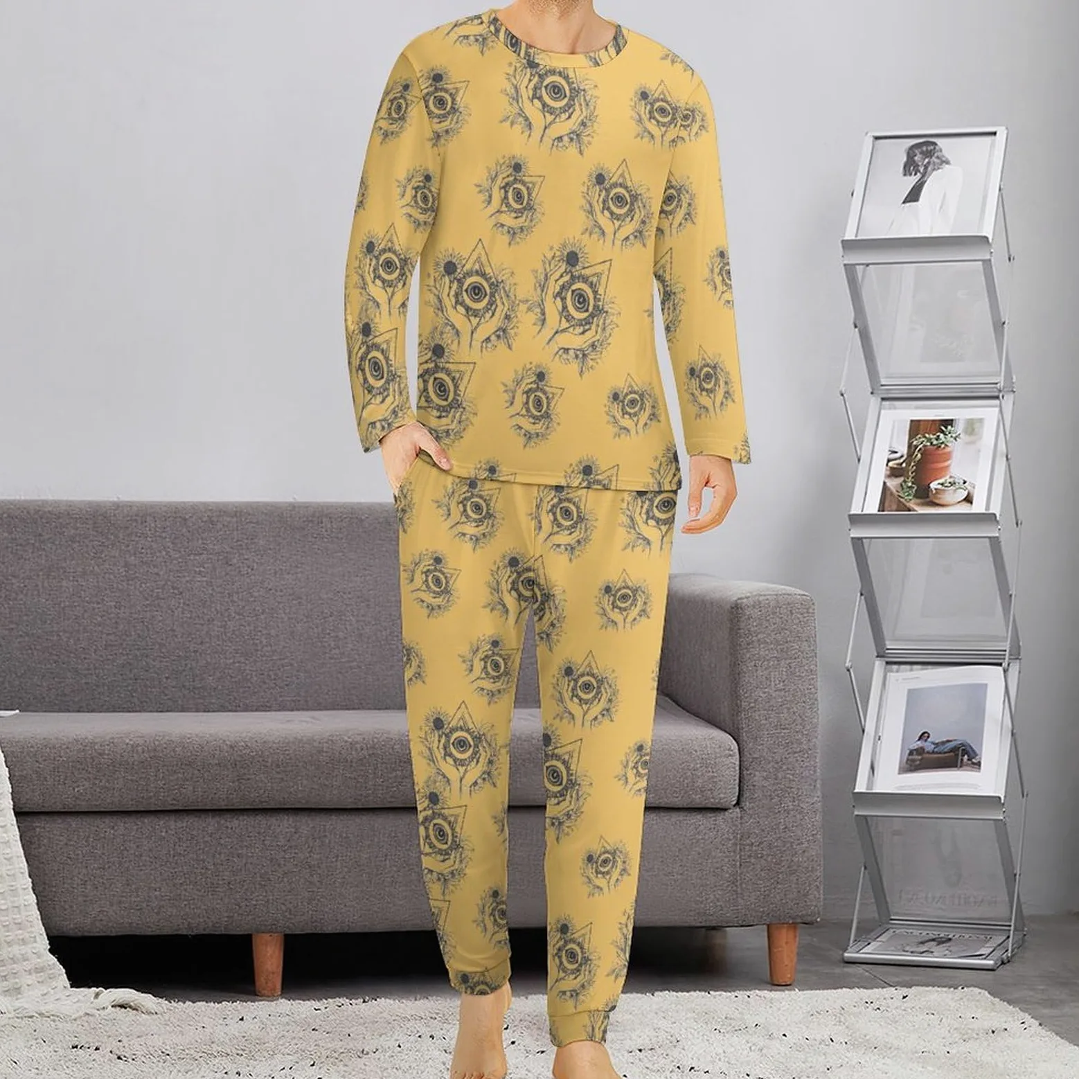 Illuminati Eye of Secret - Conjunto de pijama para hombre, cuello redondo, ropa de dormir larga, 2 piezas