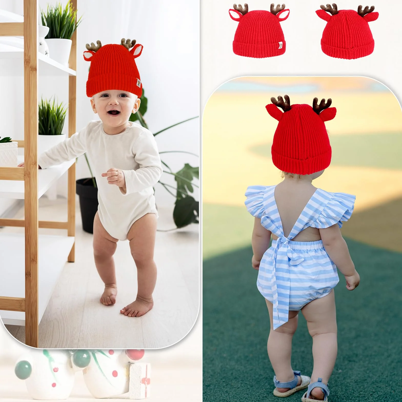 COMNICO Winter Hat for Kids, Antlers Reindeer Crochet Knitted Baby Beanie Hat Christmas Hat Thick Winter Warmer Cap Girls Accessories for Baby Boys Toddler Girl