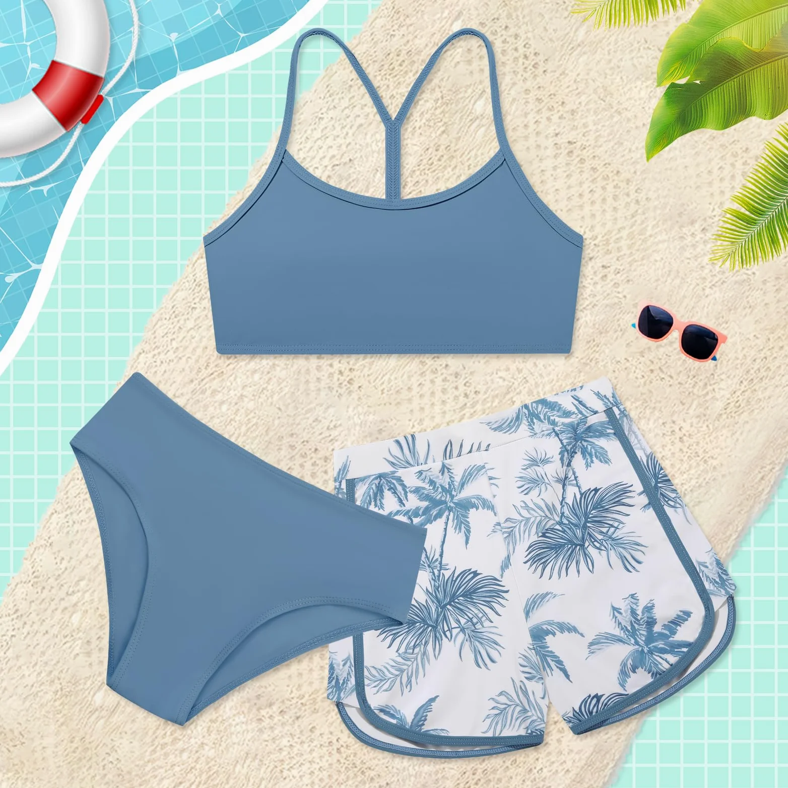 Traje de baño de 3 piezas para niñas, conjunto de bikini sólido con pantalones cortos deportivos estampados para niñas de 9 a 16 años