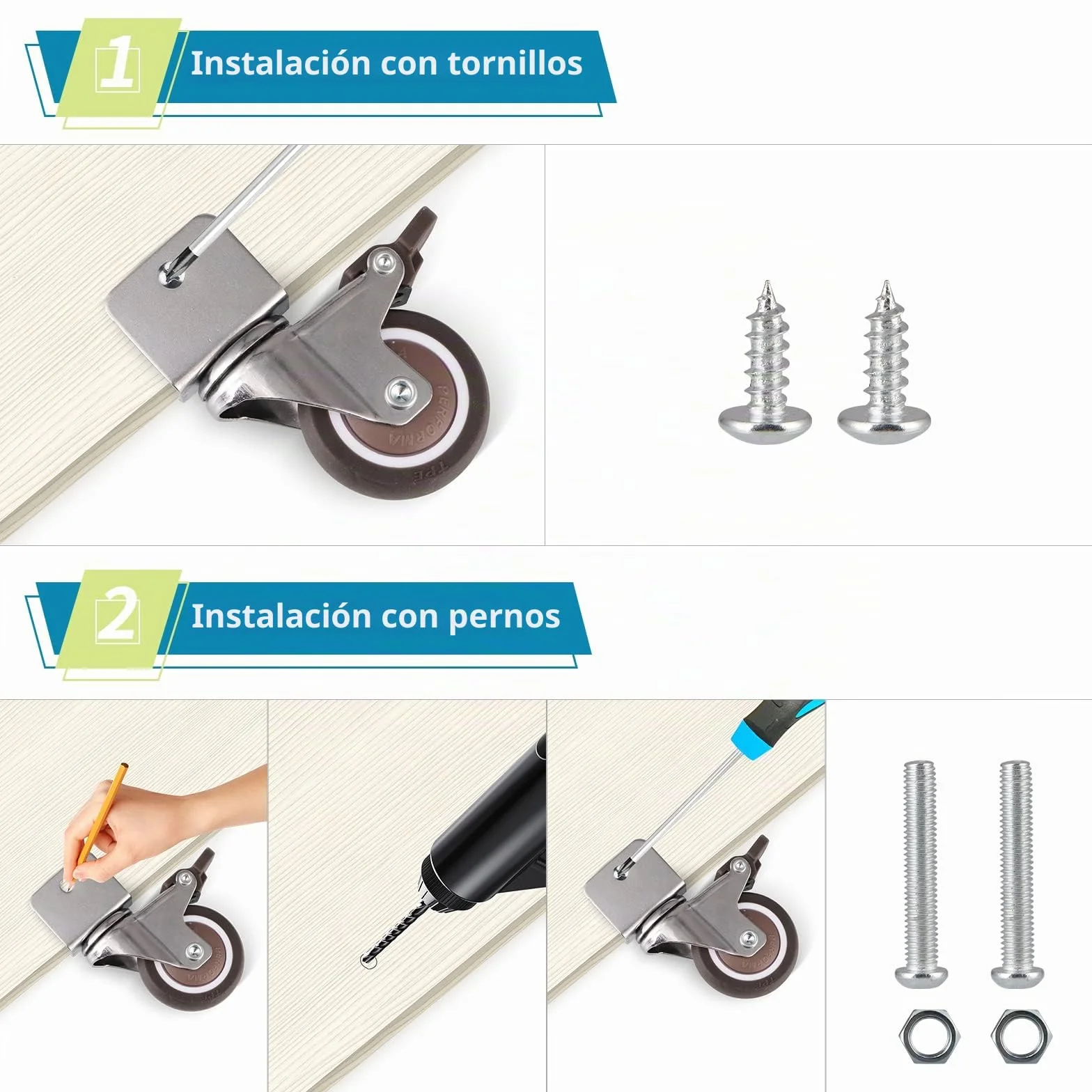 Skelang Ruedas Giratorias Tipo U 50mm con Freno de Goma para Muebles, Capacidad 27kg
