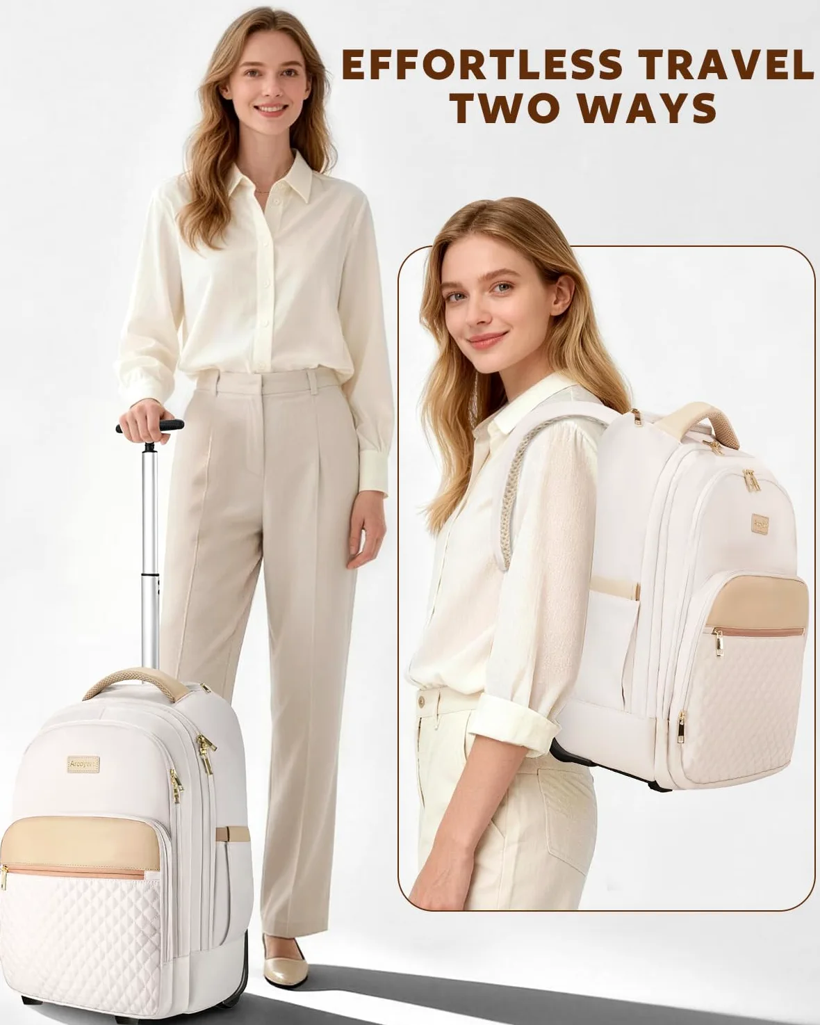 Arcoyard Mochila con ruedas para adultos, mochila con ruedas para mujer, mochila de viaje con ruedas