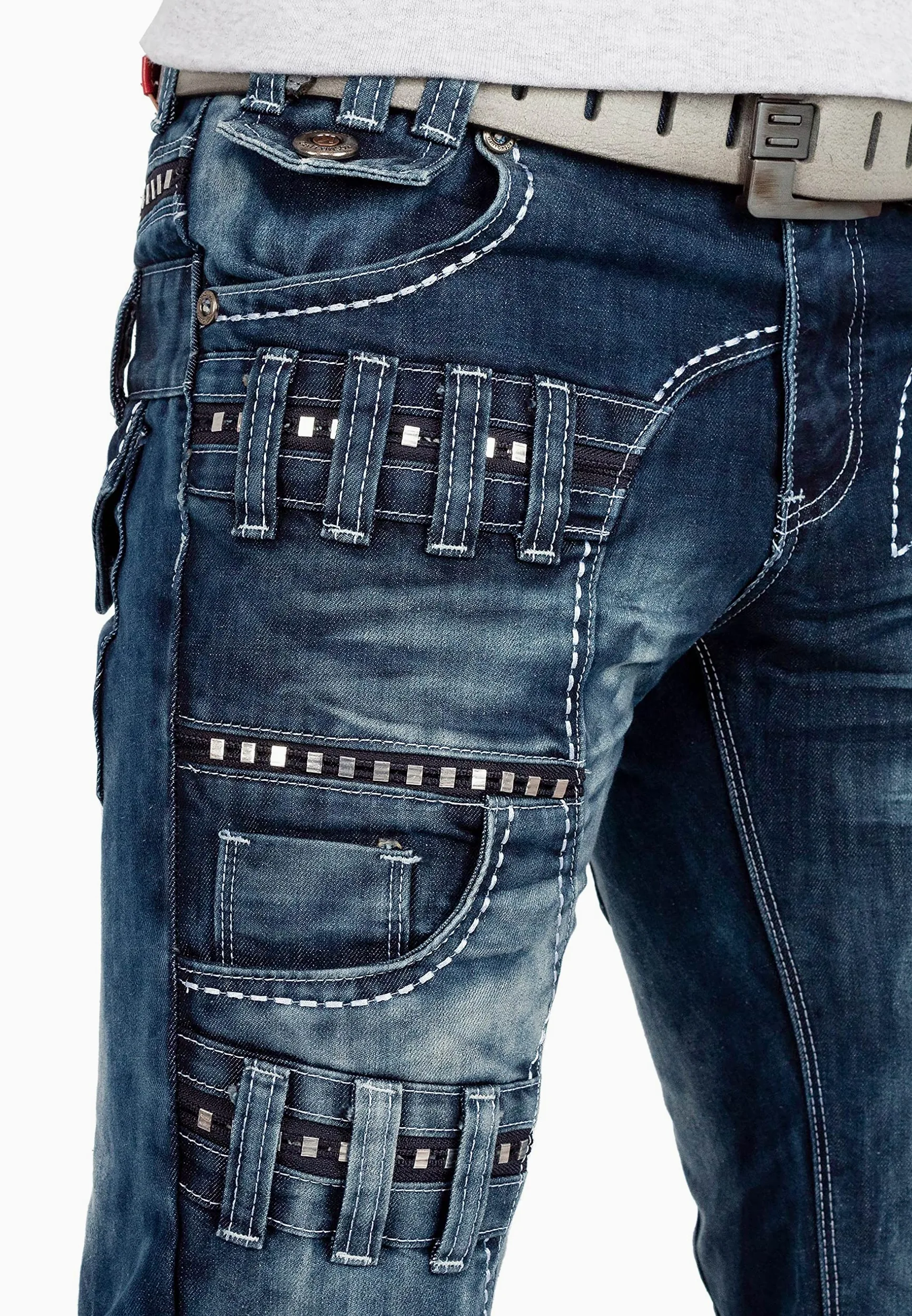 Vaqueros Hombre Regular Fit Cargo Streetwear | Detalles llamativos, bolsillos laterales, cierre con botón y cremallera, denim urbano para ocio, clubwear y tiempo libre