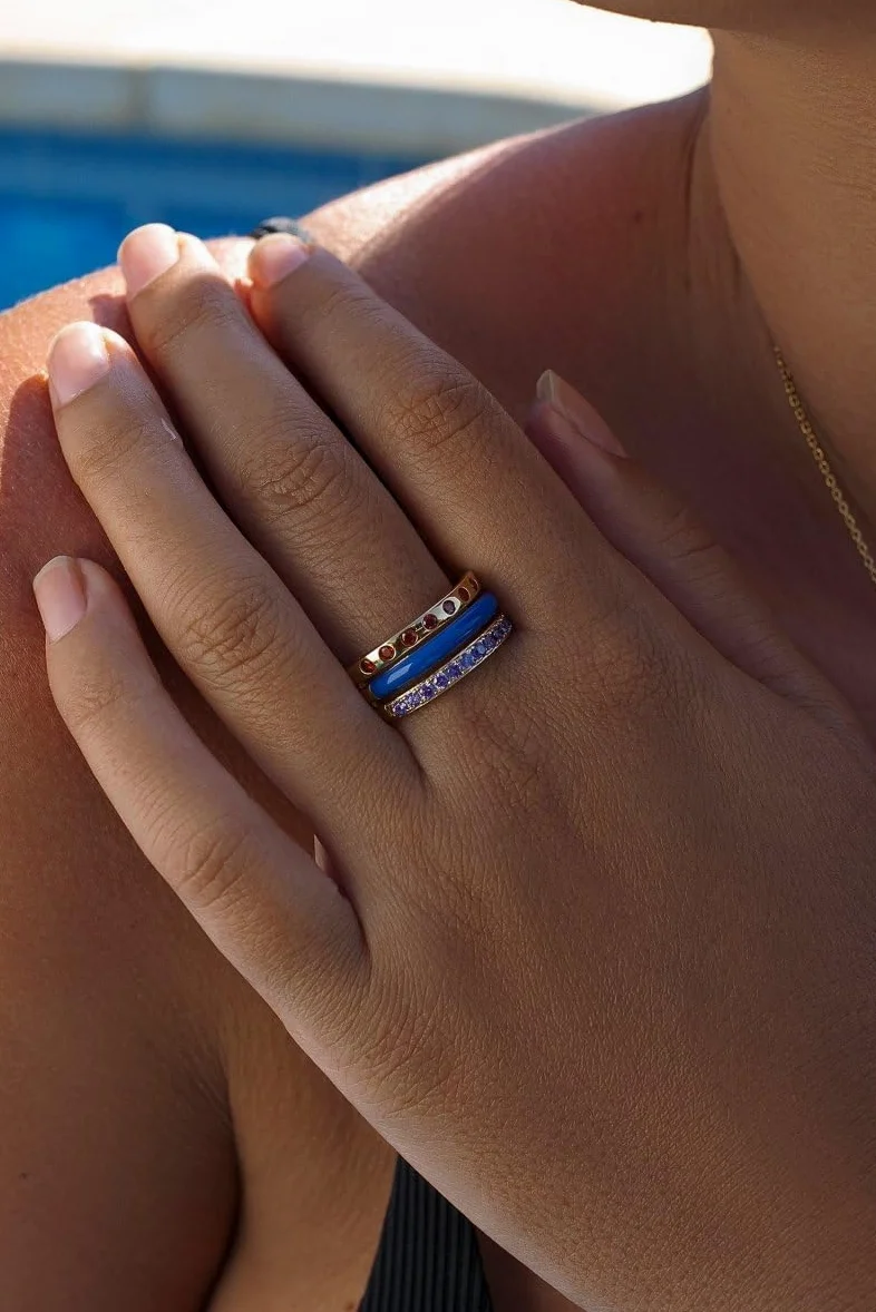 Anillos Anchos diseño Combinado de Esmalte Azul y Gemas