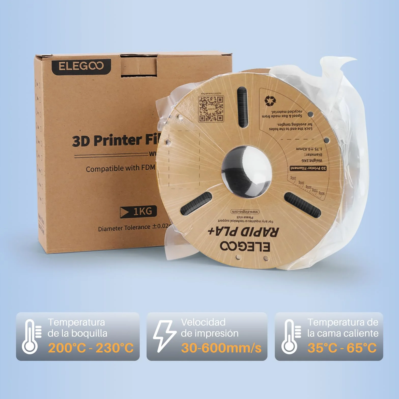 ELEGOO Filamento PLA+ Alta Velocidad 1.75mm 1KG Negro, 30-600mm/s, Precisión Dimensional +/- 0.02mm