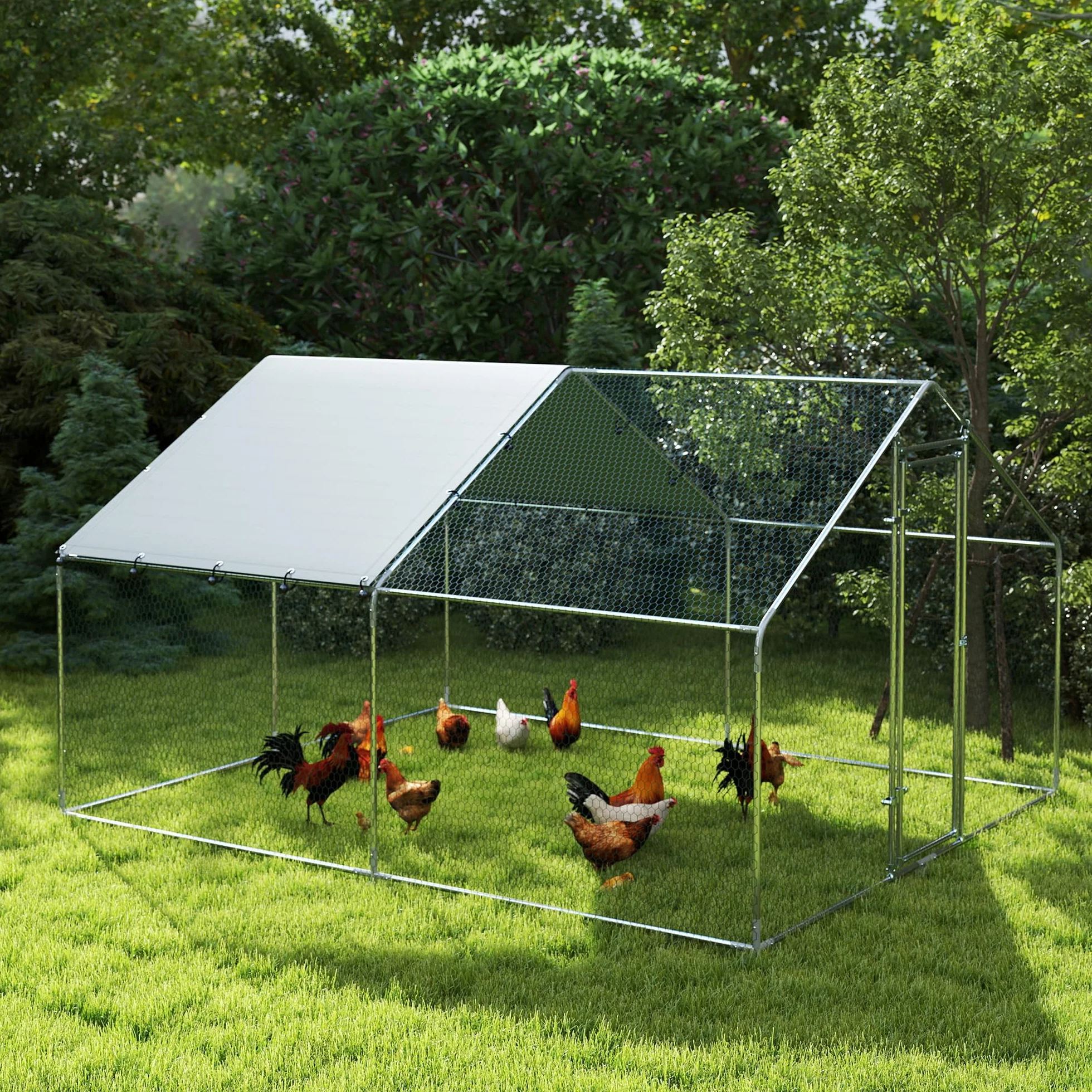 PawHut Gallinero Exterior Grande 3x3,4x1,9 m Acero Galvanizado Puerta Doble Cierre Cubierta Tela Oxford Anti-UV Impermeable para 10-15 Gallinas
