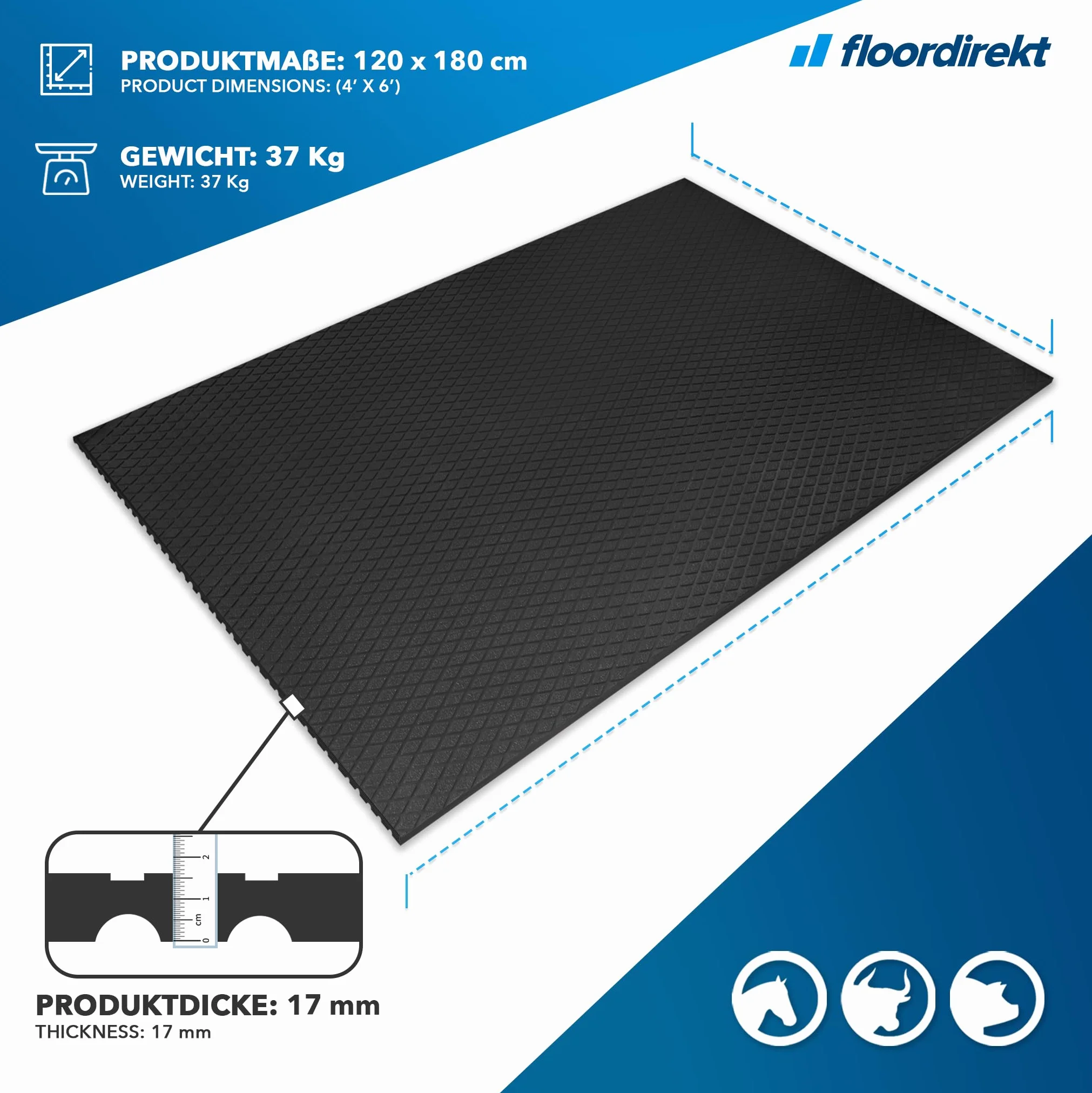 Floordirekt Diamond Top Alfombrilla de goma antideslizante 180 x 120 cm con drenaje para establo