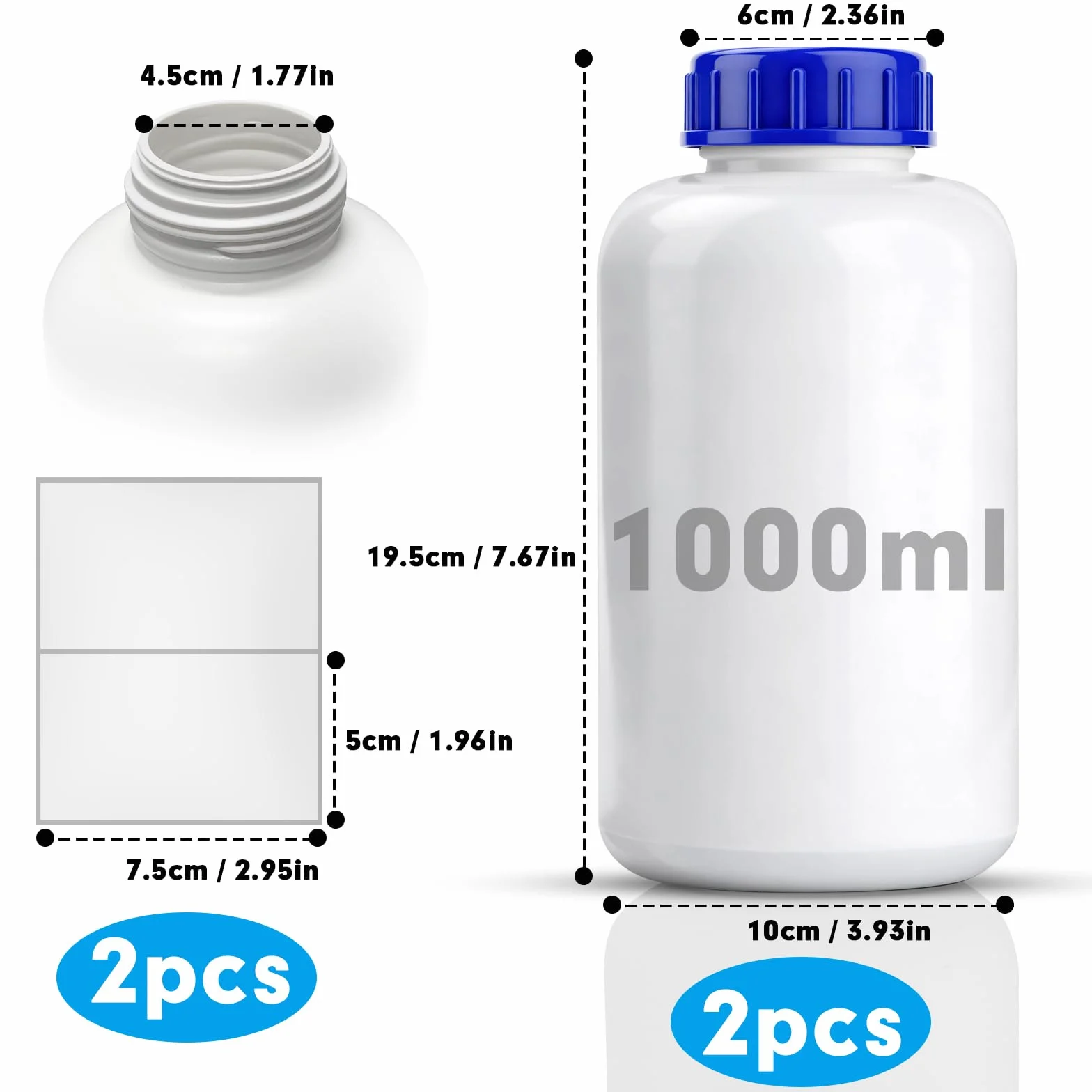 Botella de cuello ancho HDPE 1000 ml con tapón de rosca para laboratorio y productos químicos