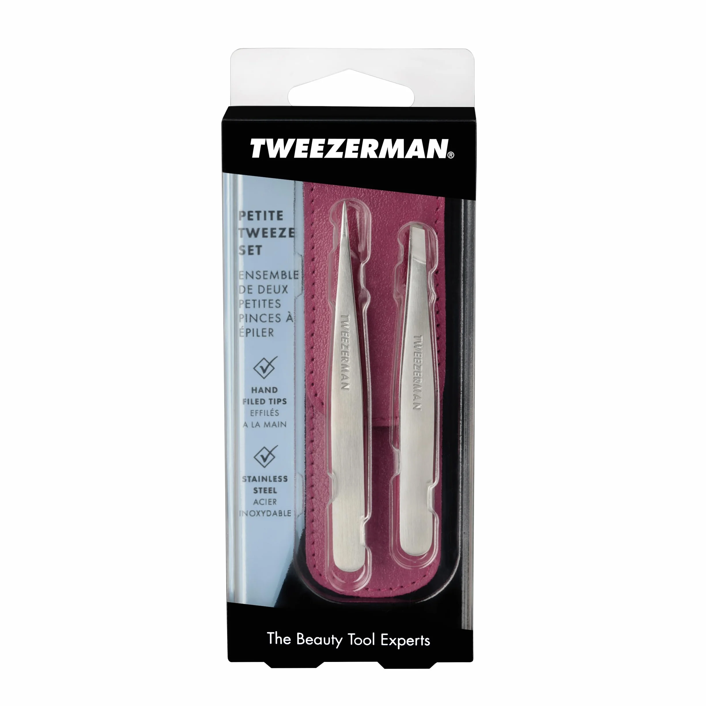 Tweezerman Juego de pinzas pequeñas con estuche de viaje, pinza puntiaguda e inclinada