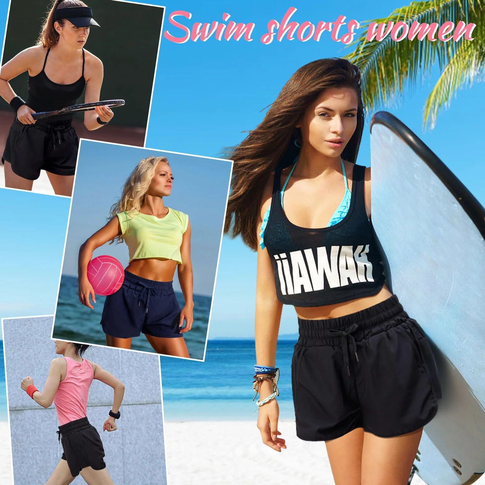 Pantalones cortos de natación para mujer, de cintura alta, de secado rápido, con cordón ajustable, pantalones cortos de surf con parte inferior y bolsillos