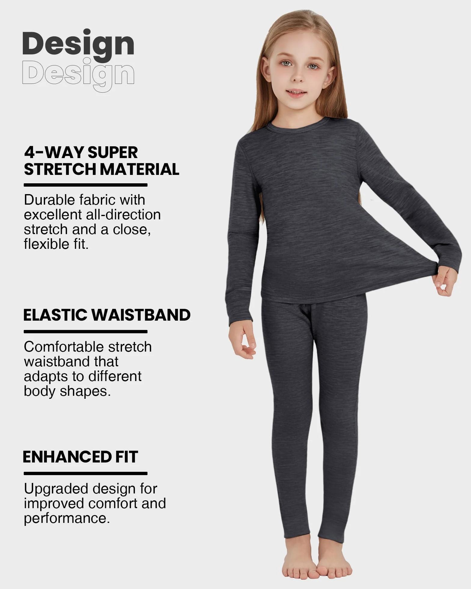 Ropa interior térmica infantil unisex, 100 % lana merino, juego para niños y niñas, ropa interior de esquí de invierno, cálida y cómoda, 260 g/m², gris brezo 3-4