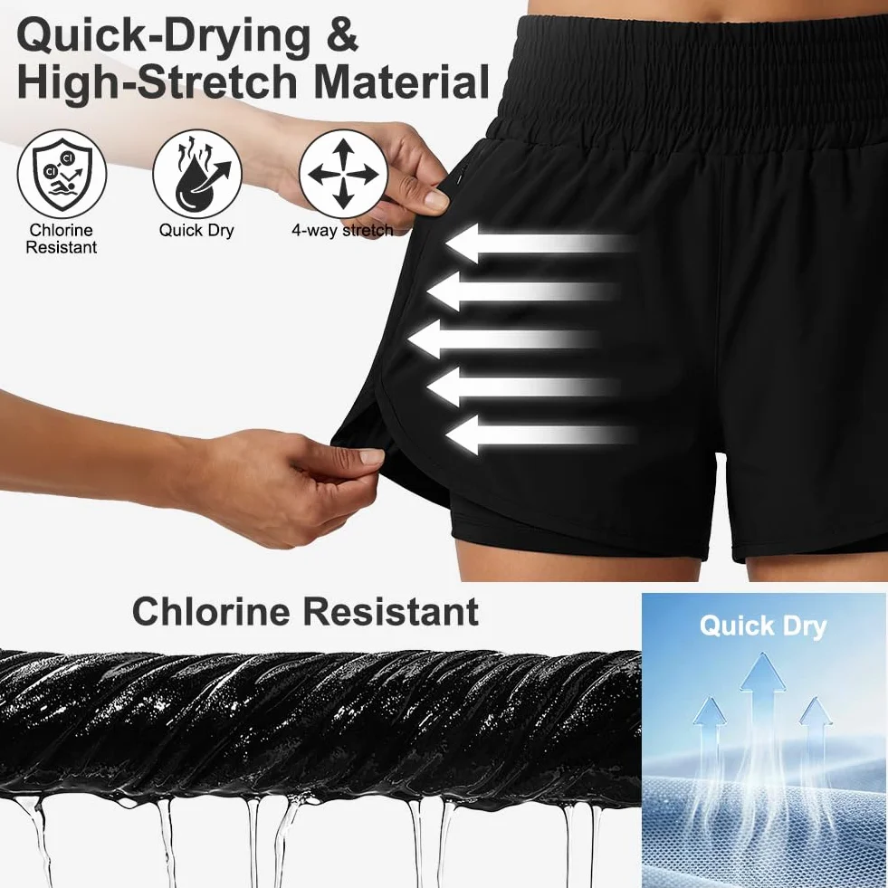 Aolso Shorts de Natación Mujer, Bikini Verano Short Pantalones Cortos, Shorts de Playa Secado Rapido con Bolsillos y Control de Abdomen para Playa Surf Vacaciones Deportes Acuáticos y Exterior-M/L
