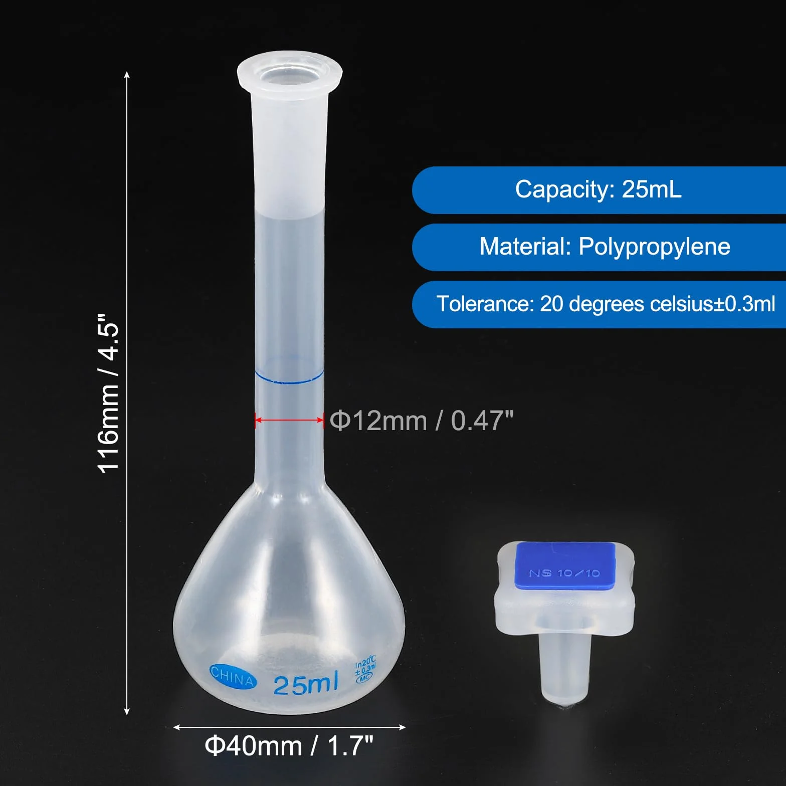 PATIKIL 25ml Aforado Matraz, Polipropileno Graduado Medidor con Tapón Tolerancia 0,3ml para Laboratorio