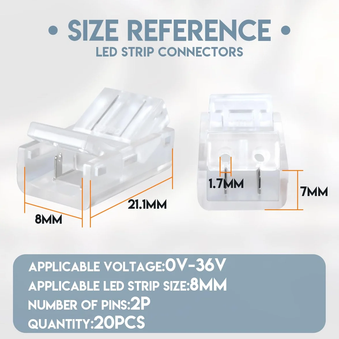Conector rápido LED 8mm 2 pines para tira de alambre, 20 piezas