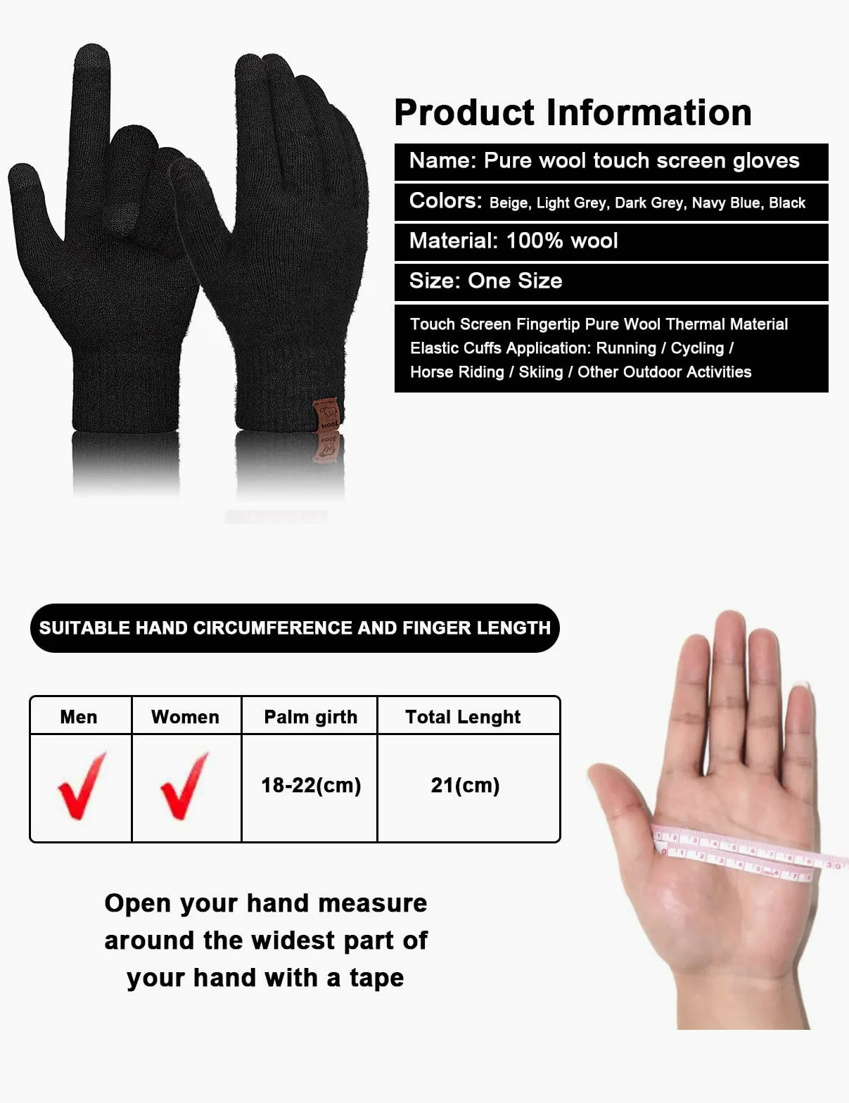 Voqeen Guante de Lana 100% Guantes Invierno Cálidos con Pantalla Táctil para Hombres Mujeres para Ciclismo Correr Escalar Senderismo Deportes Al Aire Libre