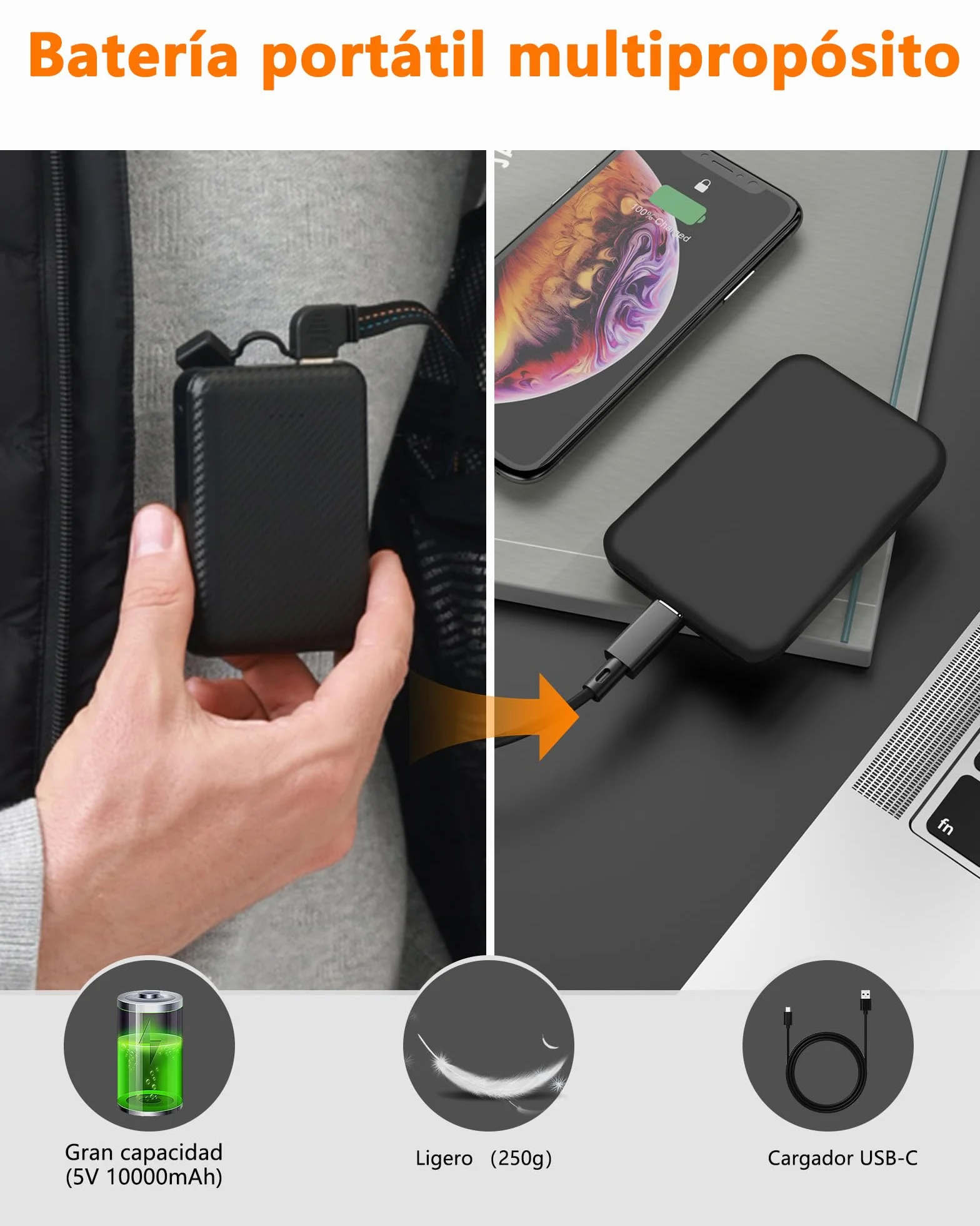 Chaleco Calefactable Hombre con Batería De 10000 mAh, 3 Temperaturas, 5 Zonas de Calentamiento, Chaqueta Calefactable con Carga USB, para Esquí, Motociclismo, Senderismo y Pesca