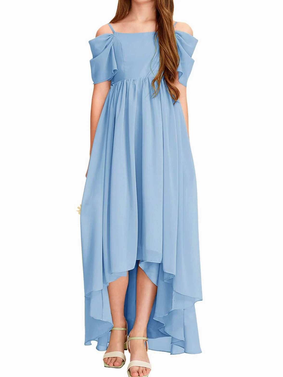 Haloumoning Vestido de niña con hombros descubiertos con volantes, vestido de verano para niños, línea A, monocolor, elegante, vestido de fiesta, boda, cumpleaños, festivo