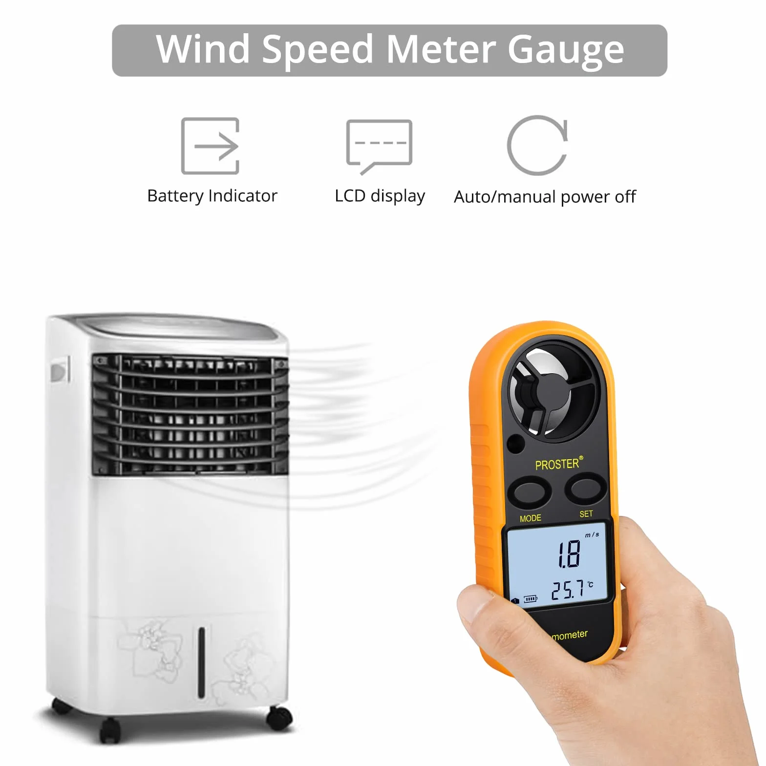 Proster Anemómetro Termómetro Digital de Pantalla LCD Medidor de Velocidad Viento Aire con Luz de Fondo