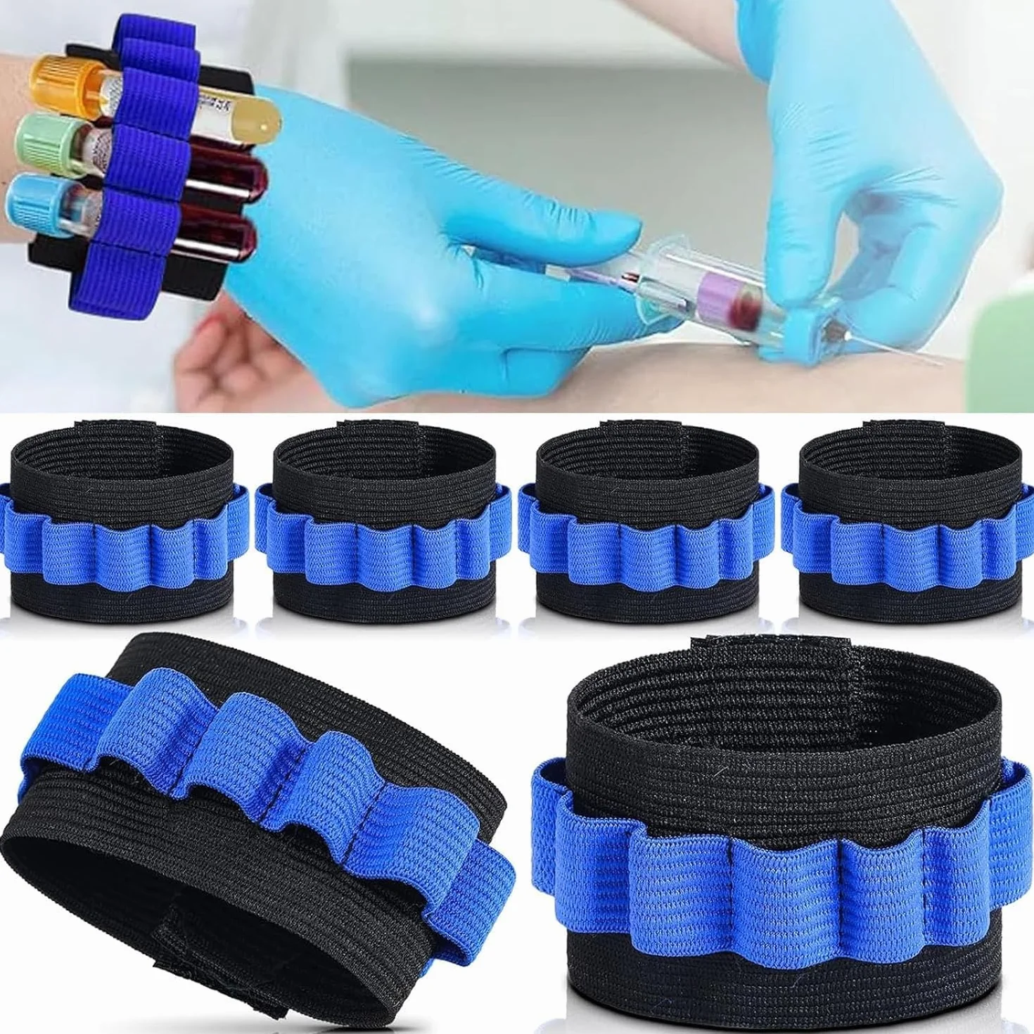 Soporte de tubo de extracción de sangre, muñequeras para flebotomía, capacidad 8 tubos, negro y azul