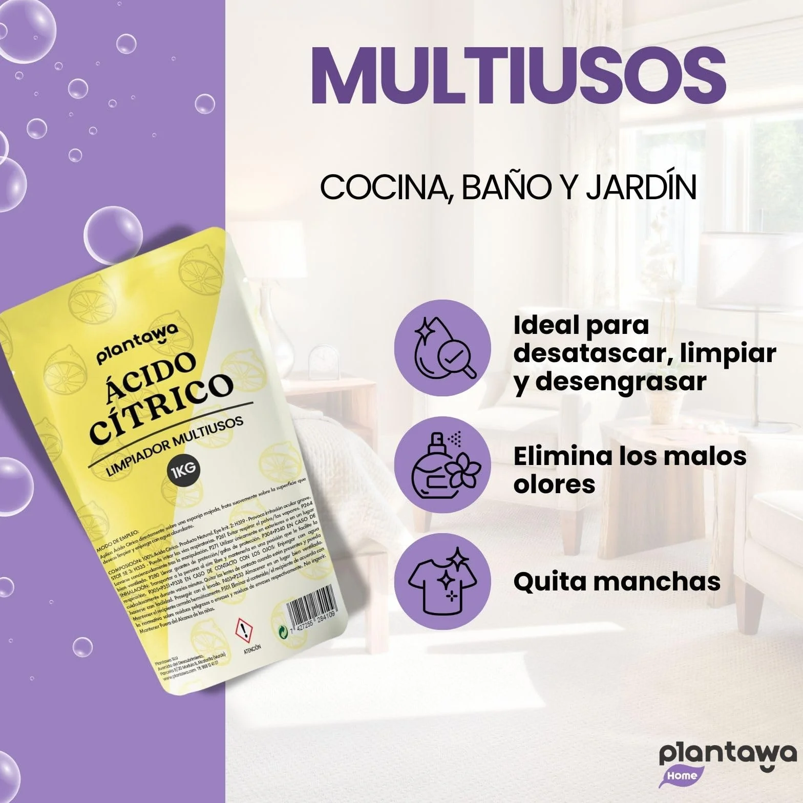 PLANTAWA Ácido Cítrico en Polvo 1 Kg Limpiador Multiusos Puro