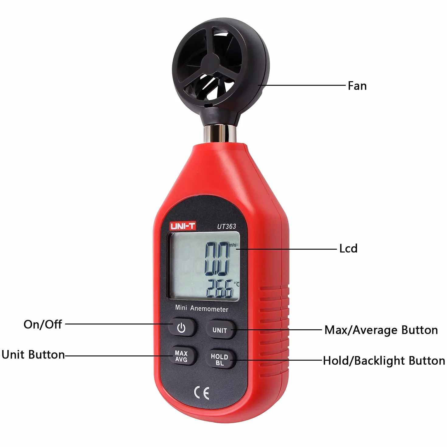 UNI-T UT363 Anemómetro Digital Portátil Pantalla LCD Medidor Velocidad Viento Aire
