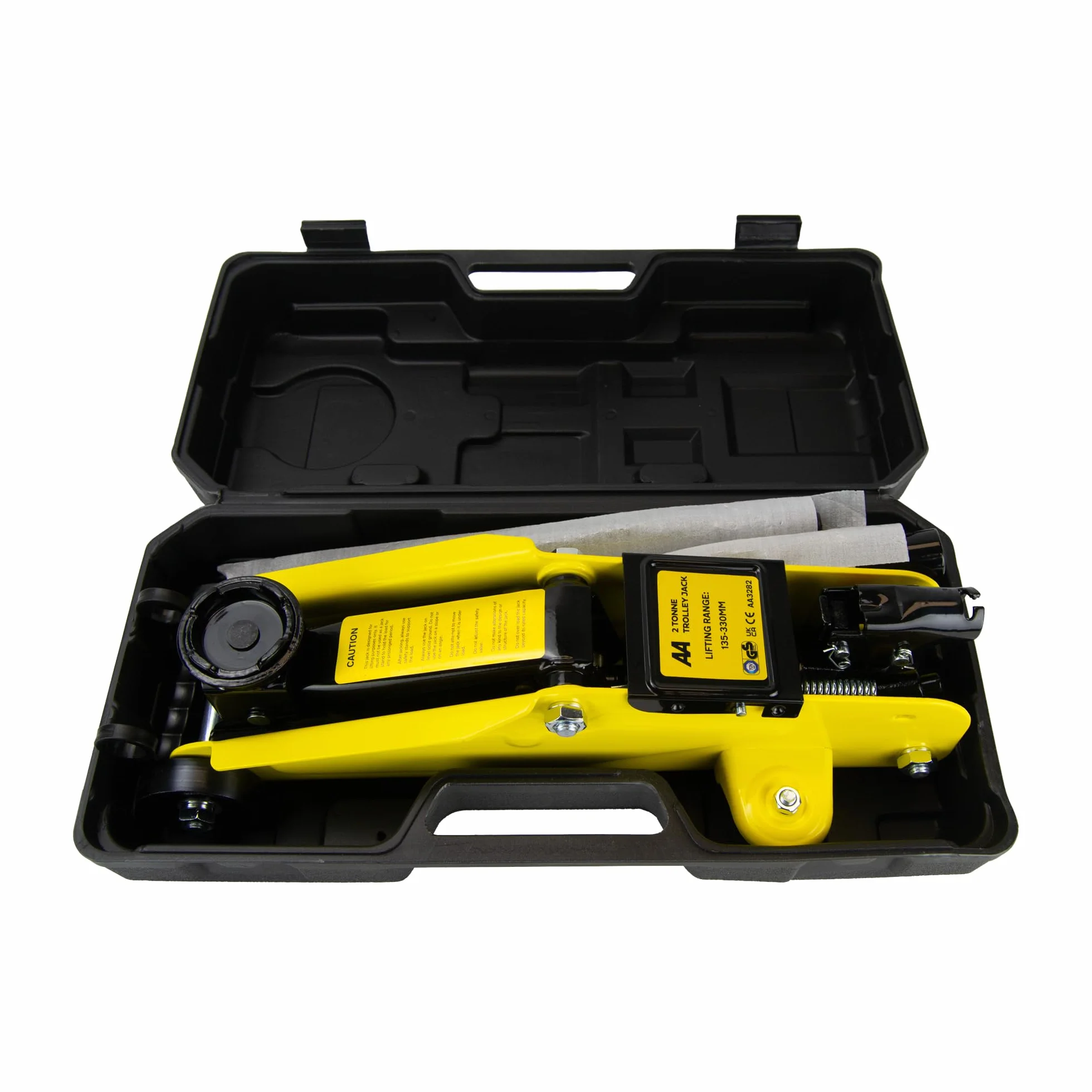 Gato hidráulico de 2 toneladas AA3282, Rango de elevación 135-330 mm, Aprobado TUV/GS, Incluye maletín, Negro y Amarillo
