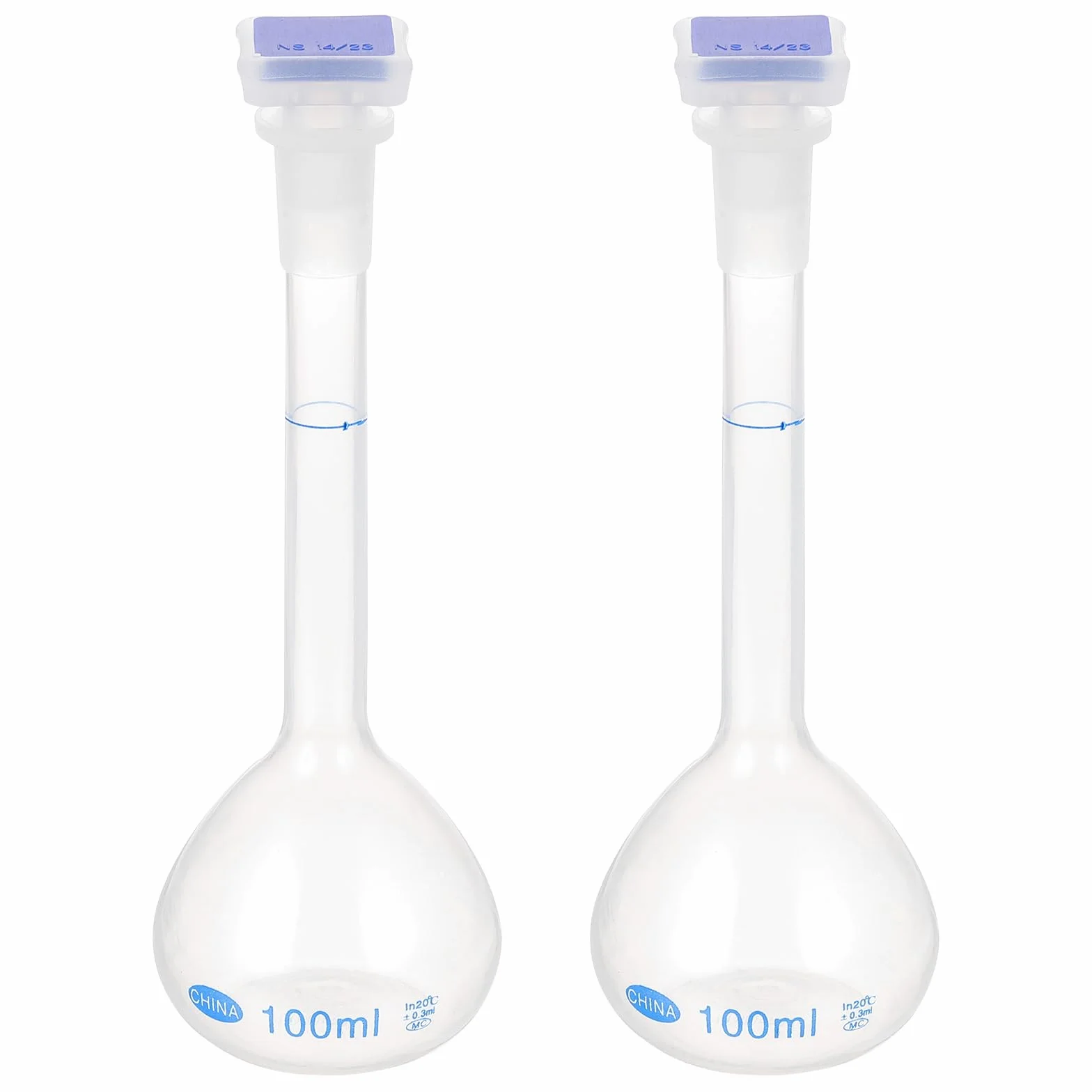 PATIKIL 100ml Aforado Matraz, 2 Paquete Polipropileno Graduado con Tapón Tolerancia 0,3ml para Laboratorio