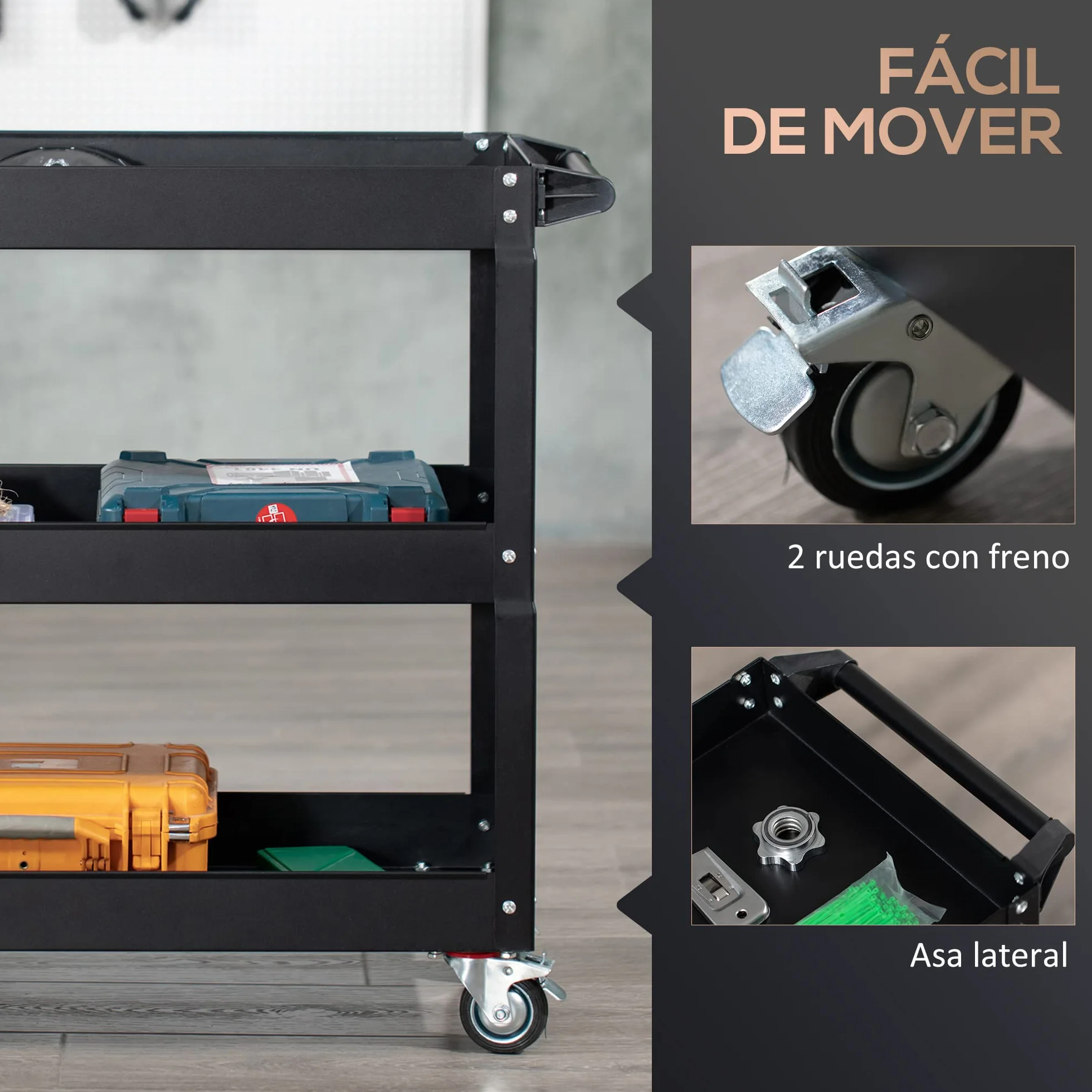 DURHAND Carro de Herramientas con Ruedas 150 kg 83x35,3x76 cm Negro Acero 3 Estantes Taller